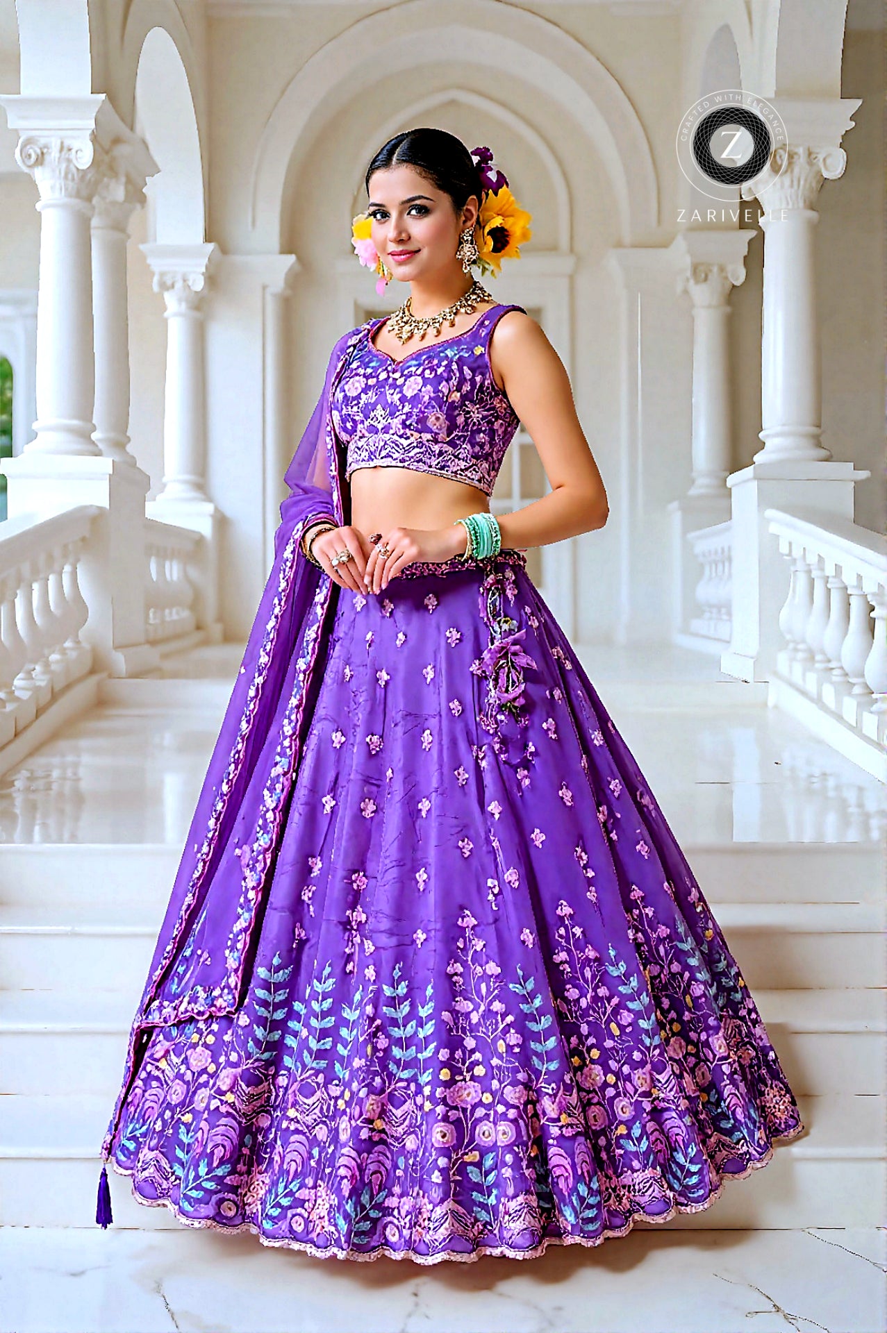 Lavender Embroidered Silk Lehenga (Side)