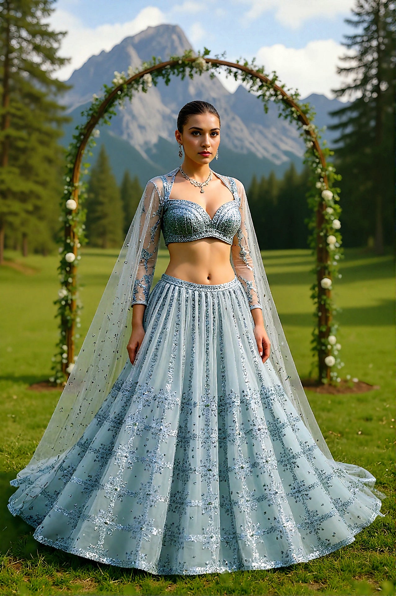 Light Blue Embroidered Net Lehenga (Left)