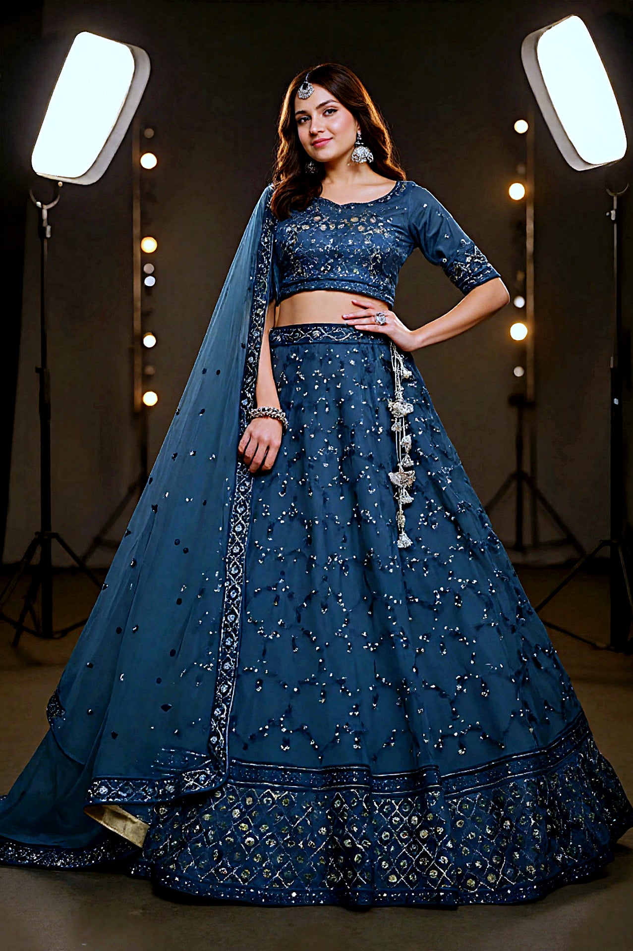 Light Blue Embroidered Premium Net Lehenga (Front)