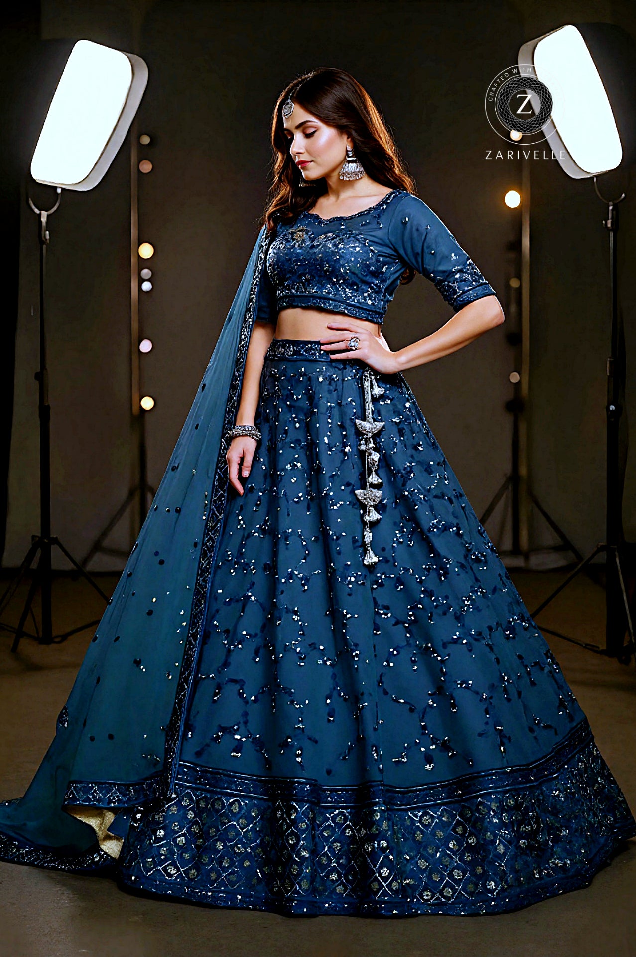 Light Blue Embroidered Premium Net Lehenga (Side)