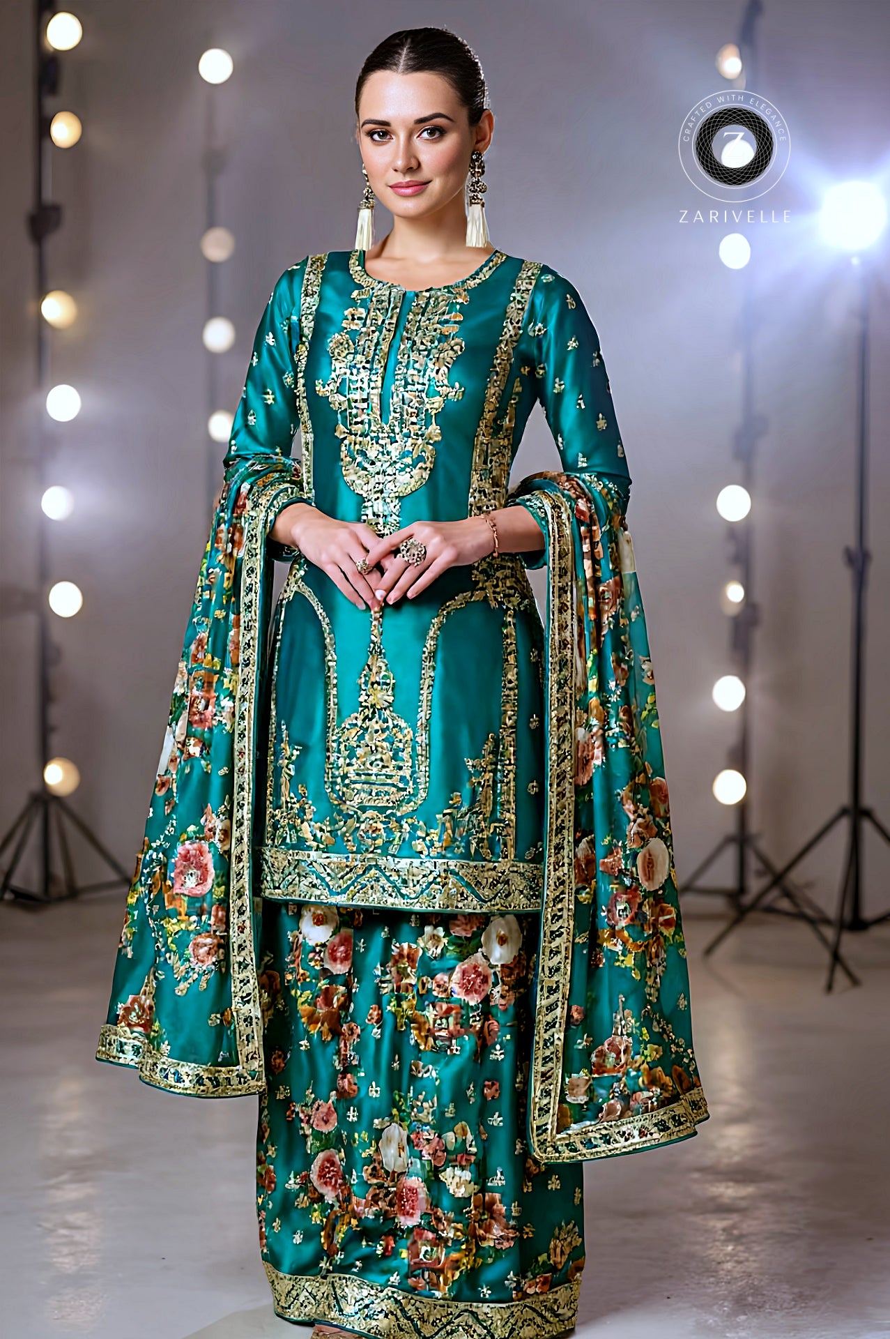 Light Blue Embroidered Silk Palazzo Suit (Front)