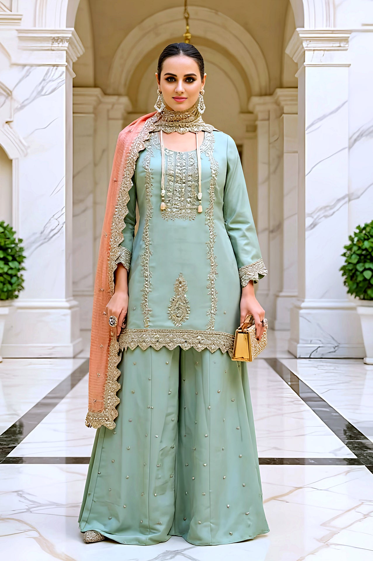 Light Blue Multicolor Embroidered Premium Silk Palazzo Suit (Full)