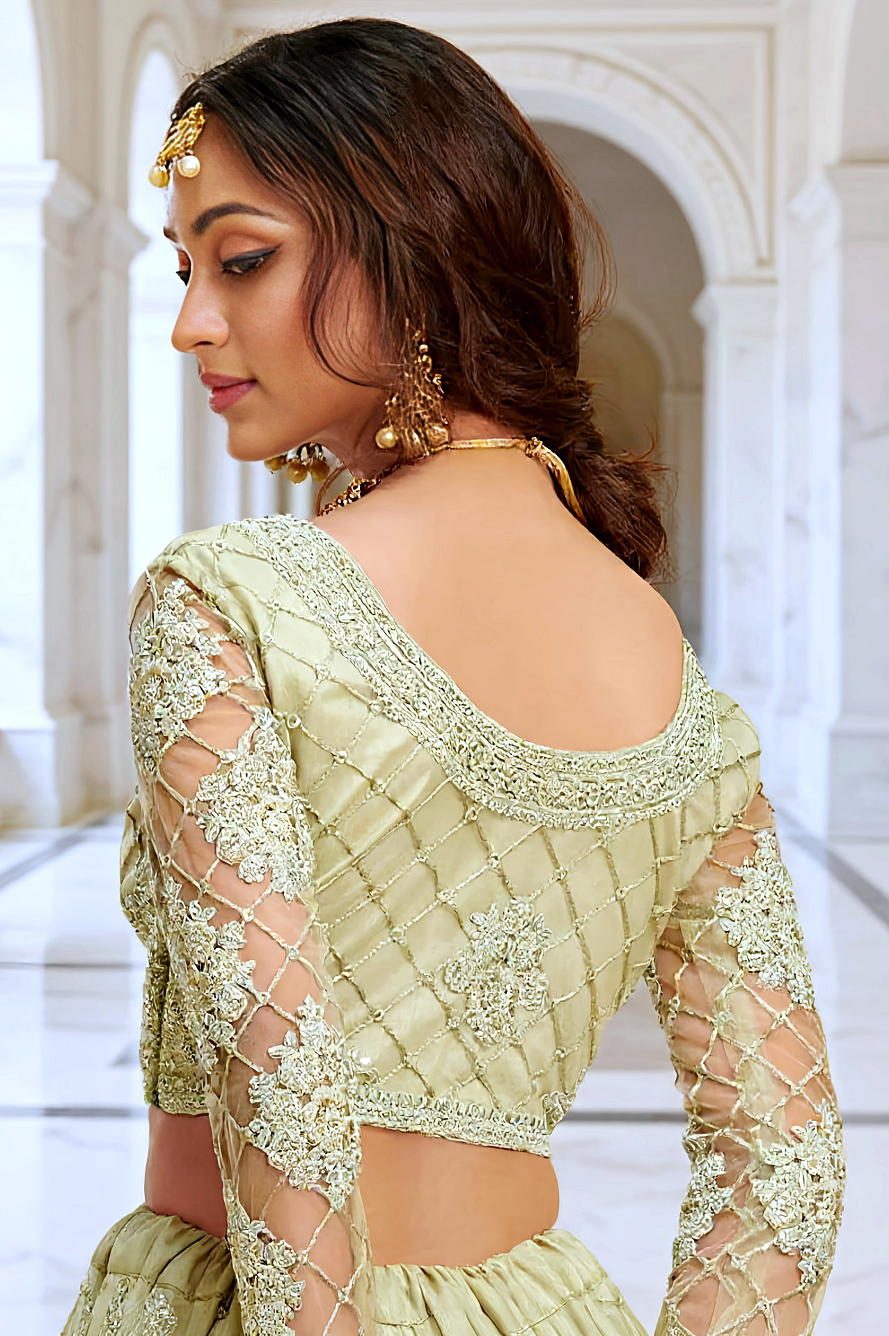 Light Green Embroidered Net Lehenga (Back)