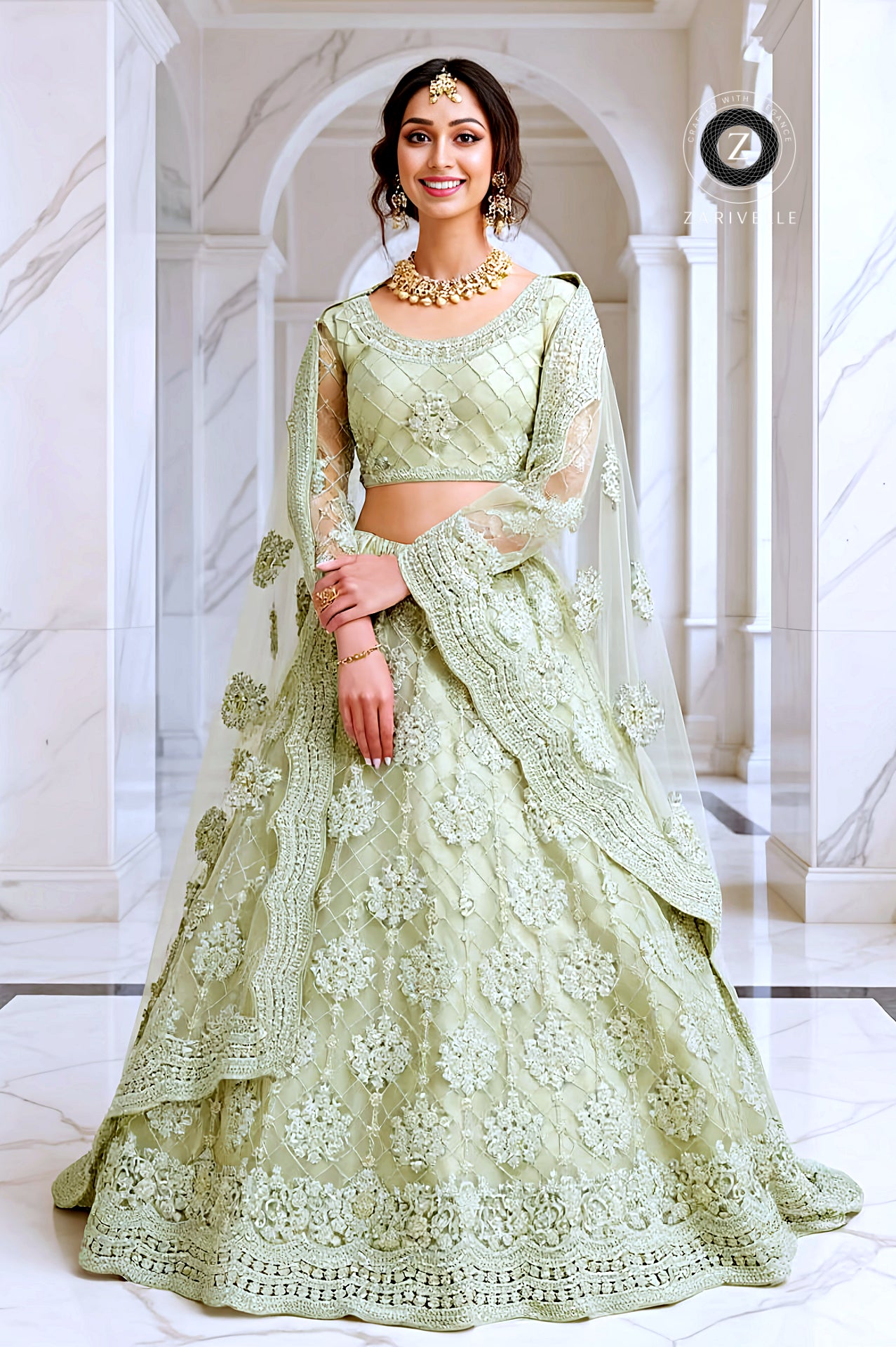 Light Green Embroidered Net Lehenga (Front)