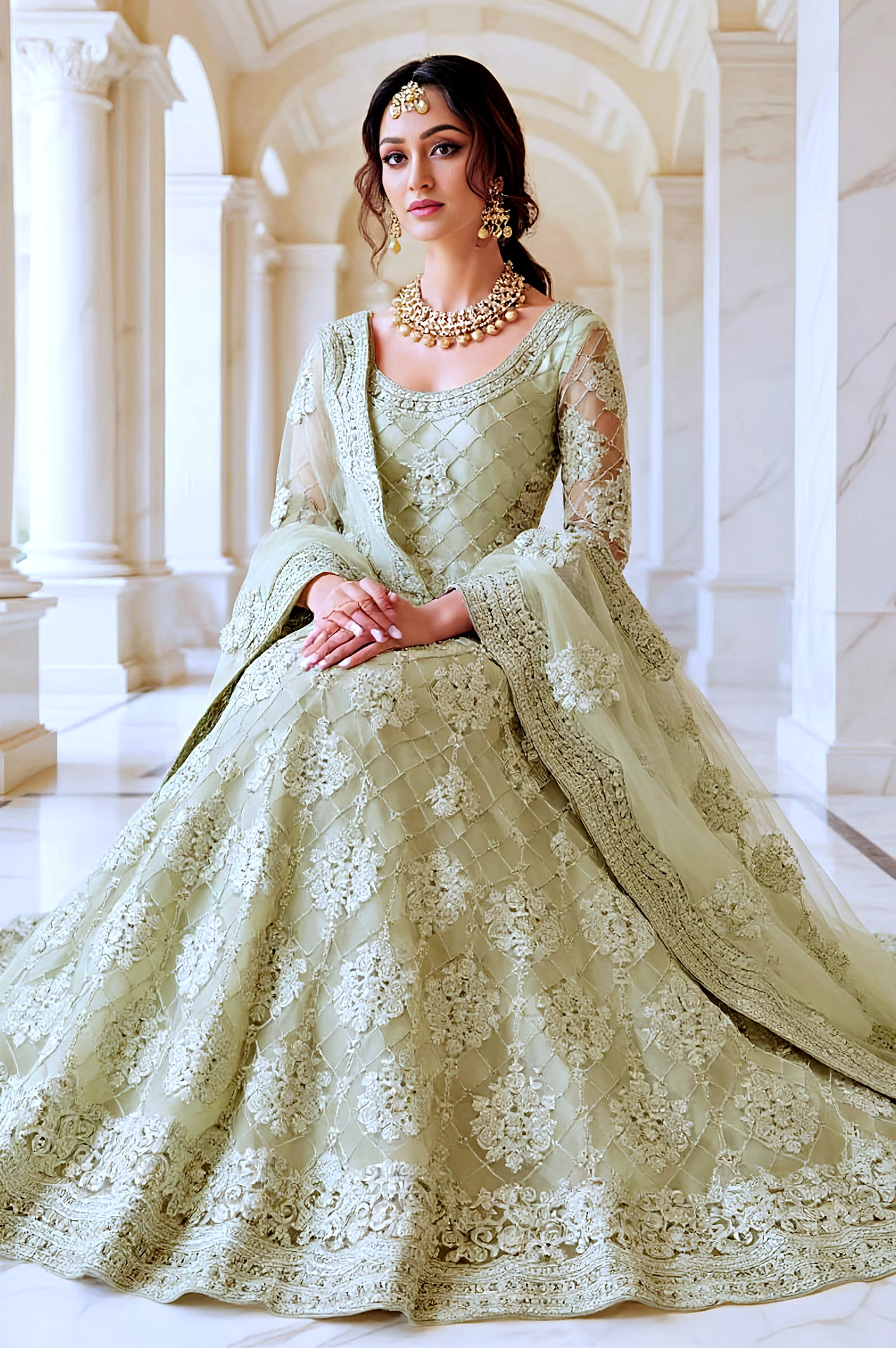 Light Green Embroidered Net Lehenga (Sit)