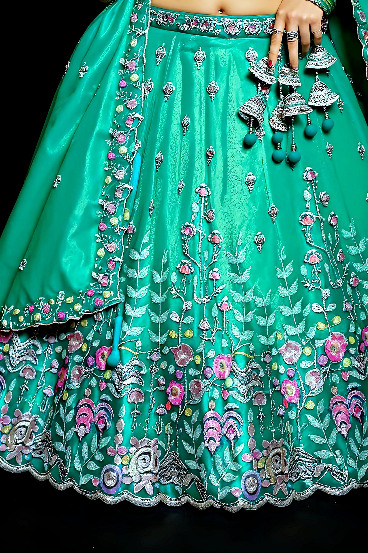 Light Green Embroidered Silk Lehenga (Close up)