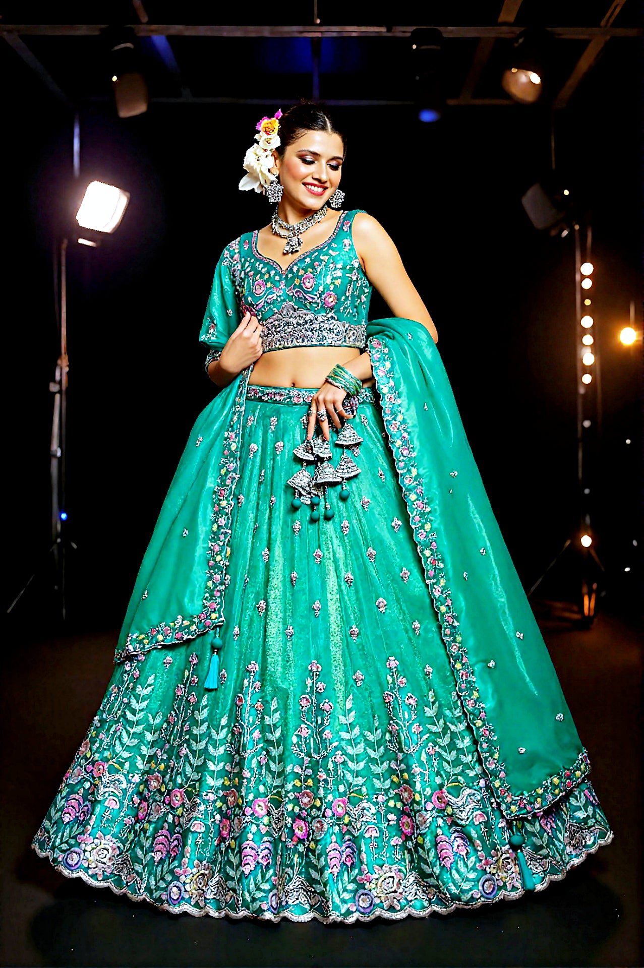 Light Green Embroidered Silk Lehenga (Side)