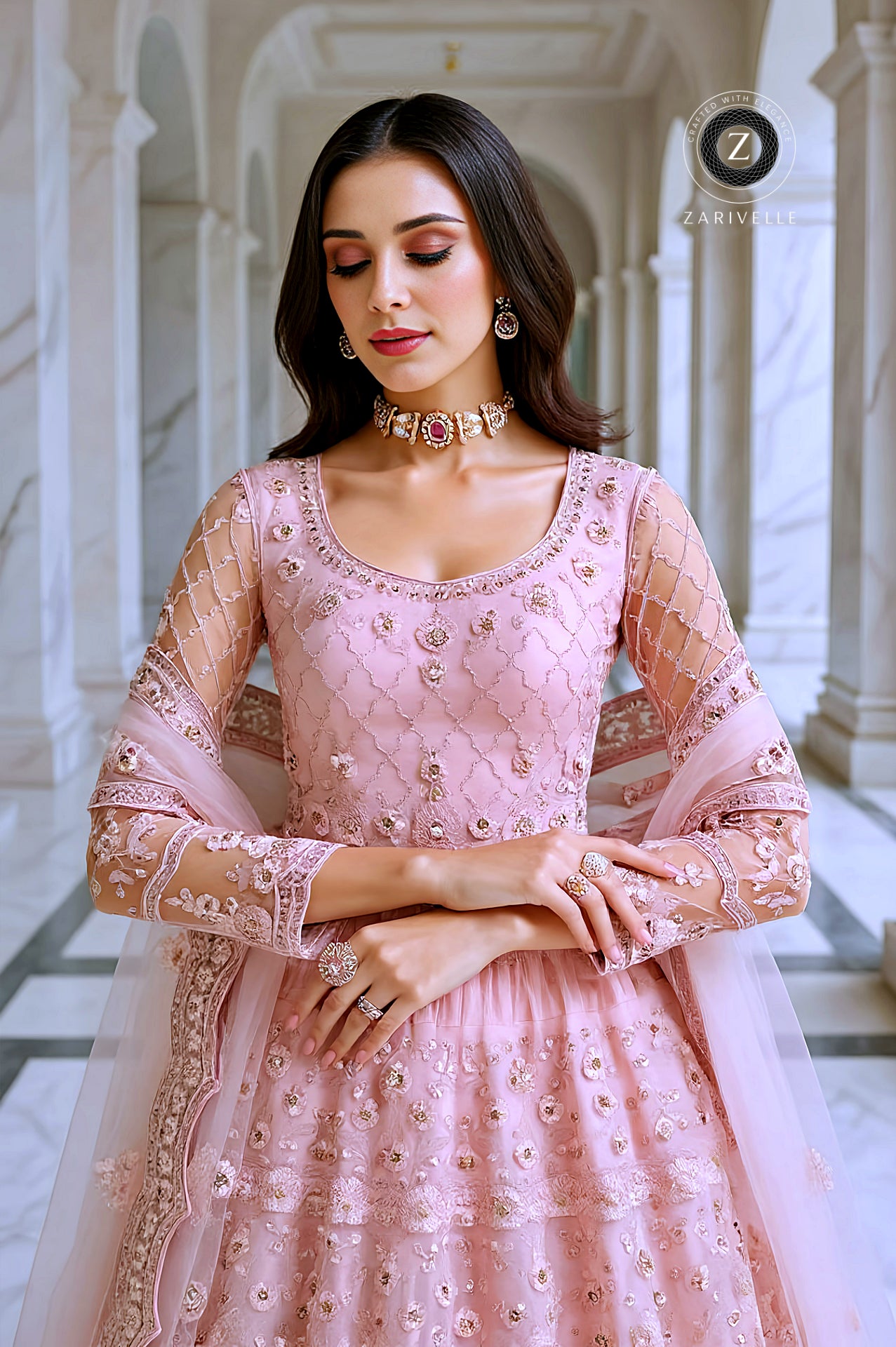 Light Pink Embroidered Premium Net Lehenga (Close up)