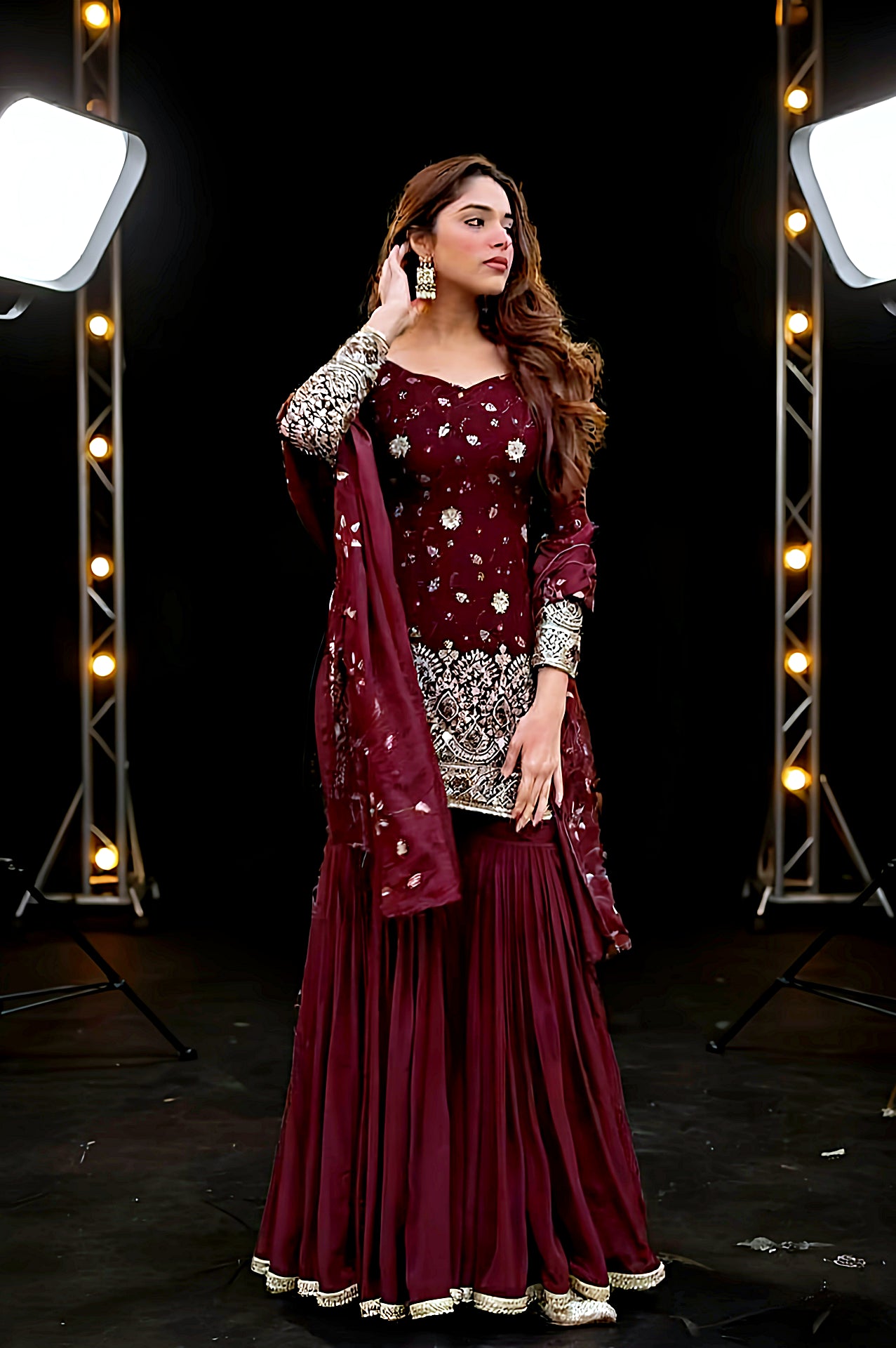 Maroon Embroidered Georgette Palazzo Suit (Front2)