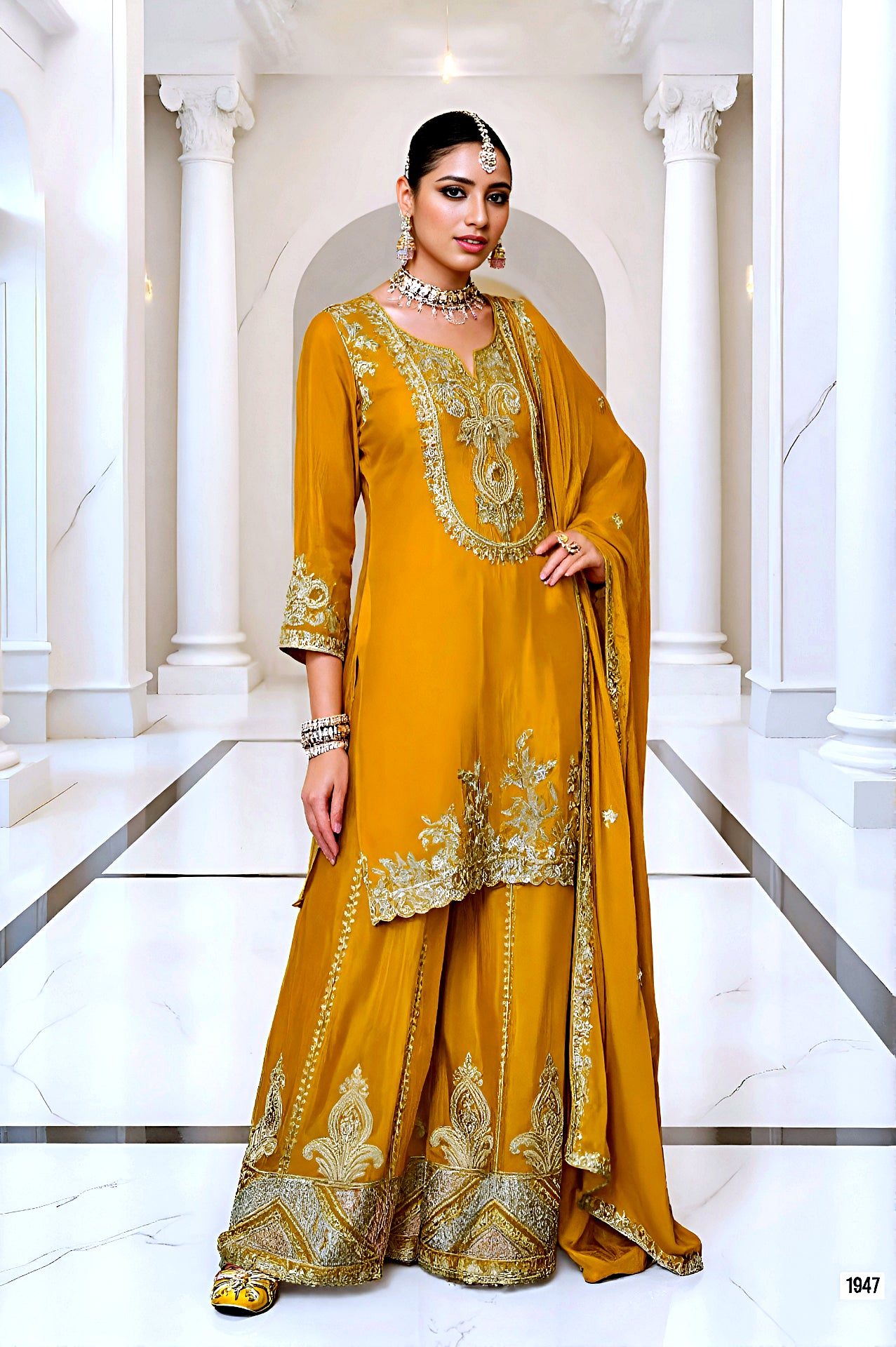 Mustard Embroidered Silk Salwar Suit (Side)