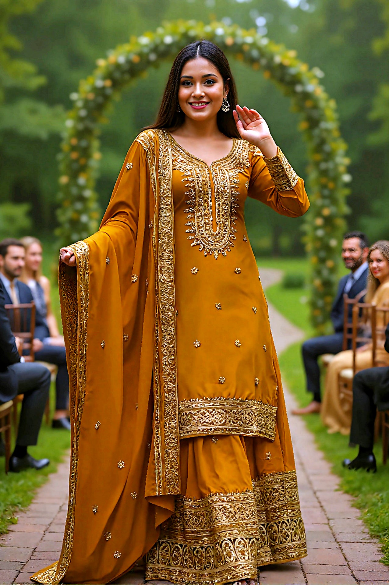 Mustard Embroidered Silk Sharara Suit (Front)