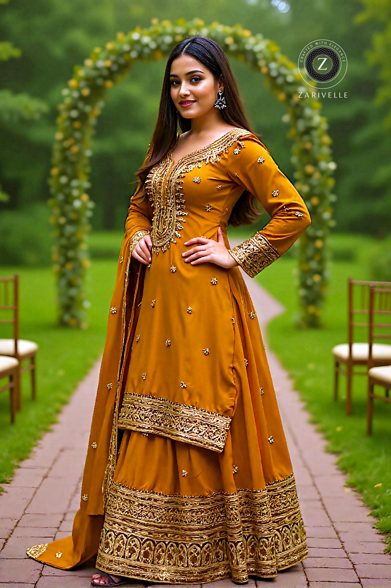 Mustard Embroidered Silk Sharara Suit (Side)