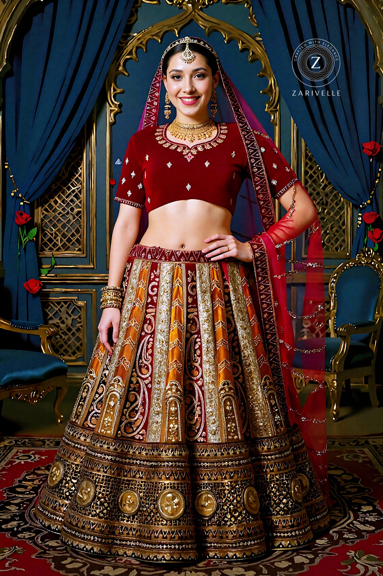 Mustard Embroidered Velvet Lehenga (full)
