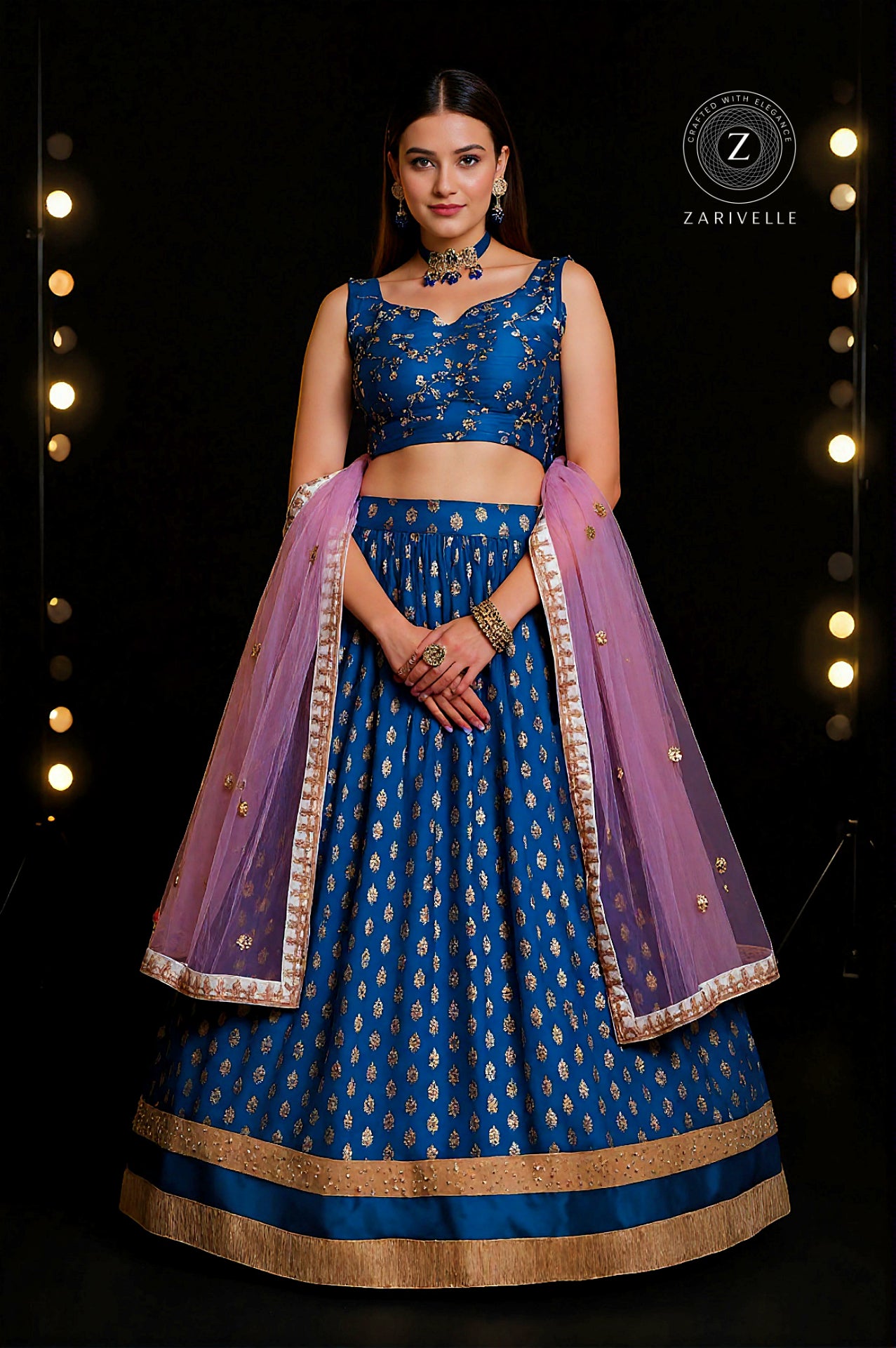 Navy Blue Embroidered Georgette Lehenga (Front View)
