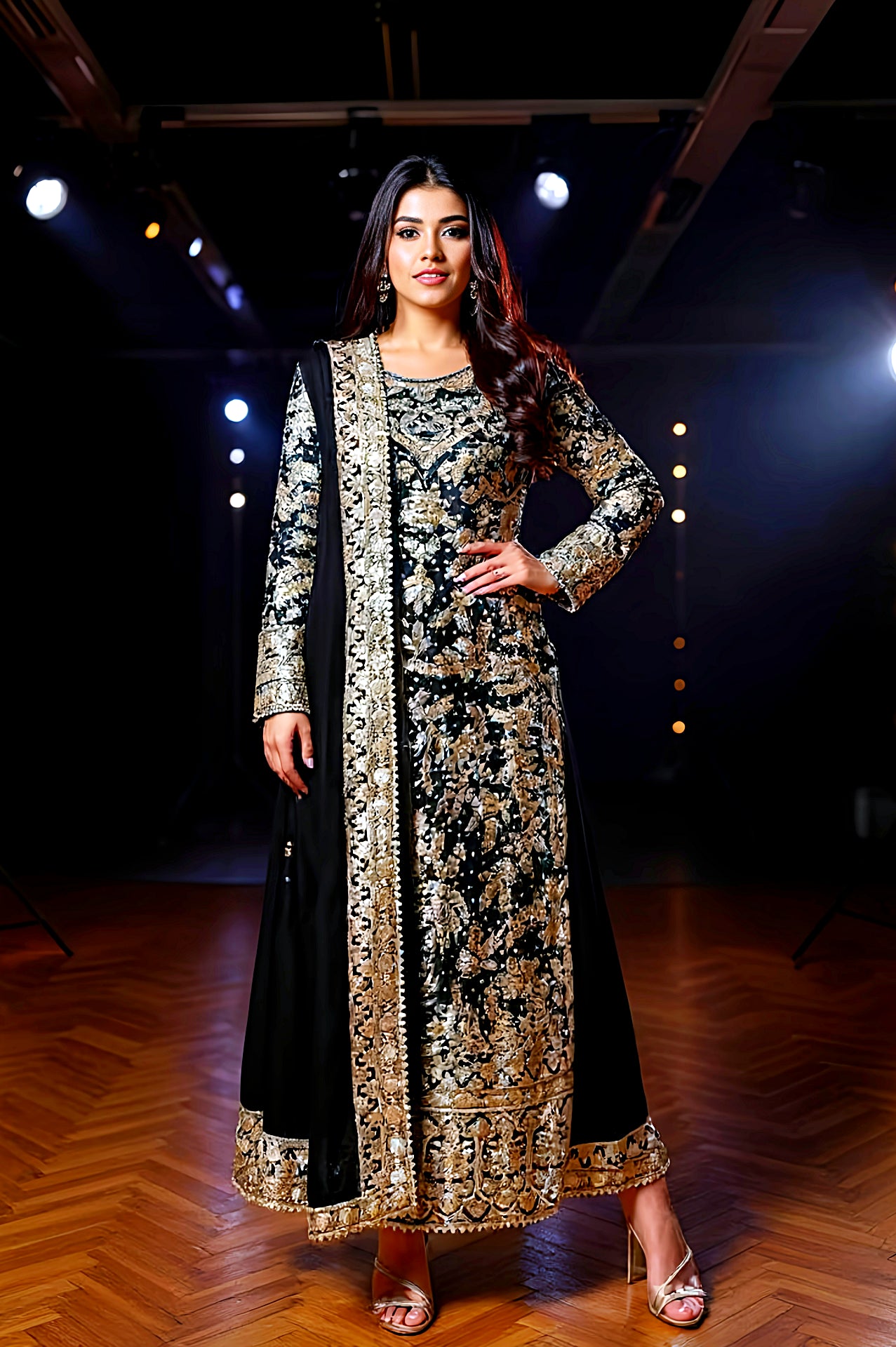 Navy Blue Heavy Embroidered Georgette Palazzo Suit (Front2)
