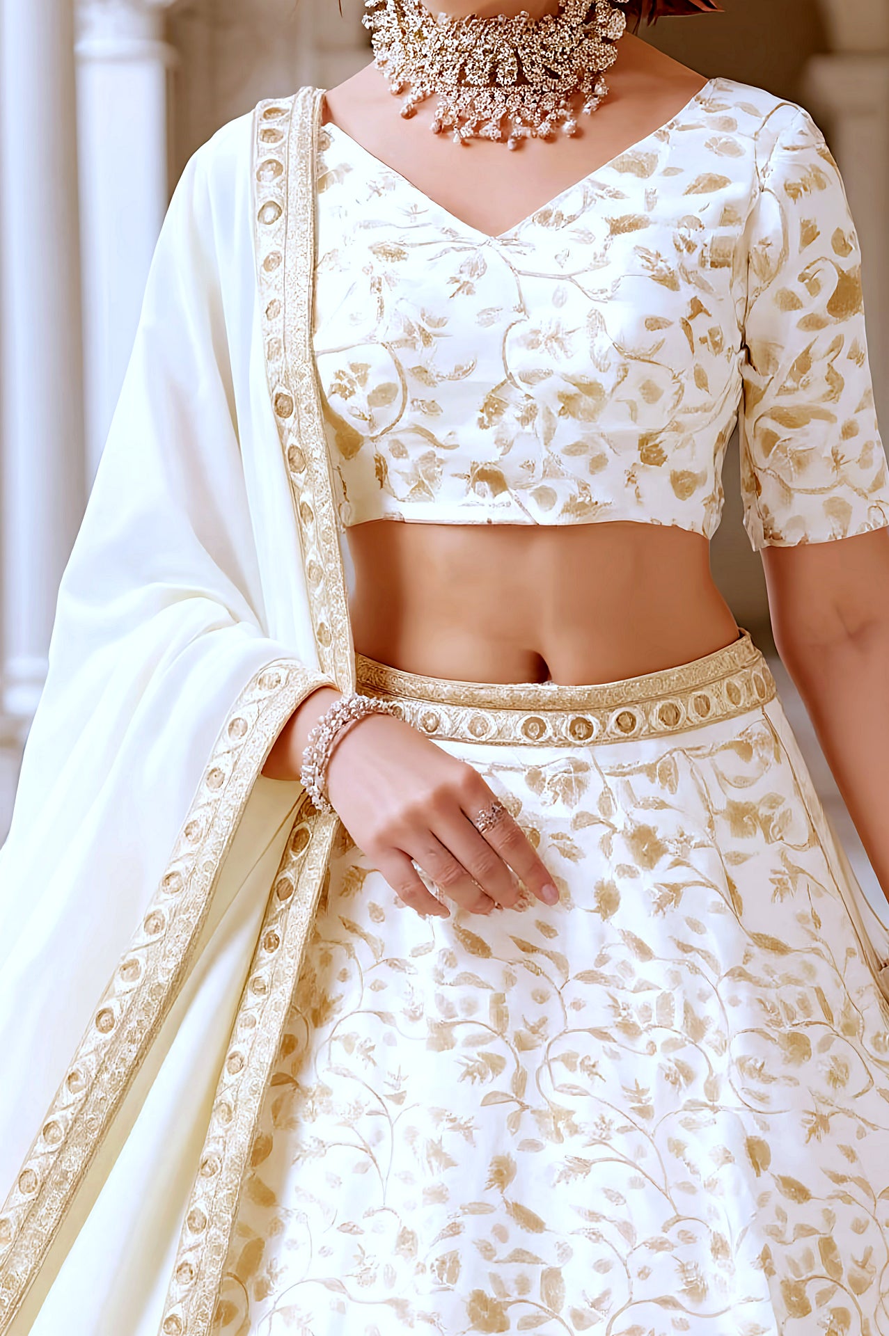 Off-White Embroidered Silk Lehenga (Close up)