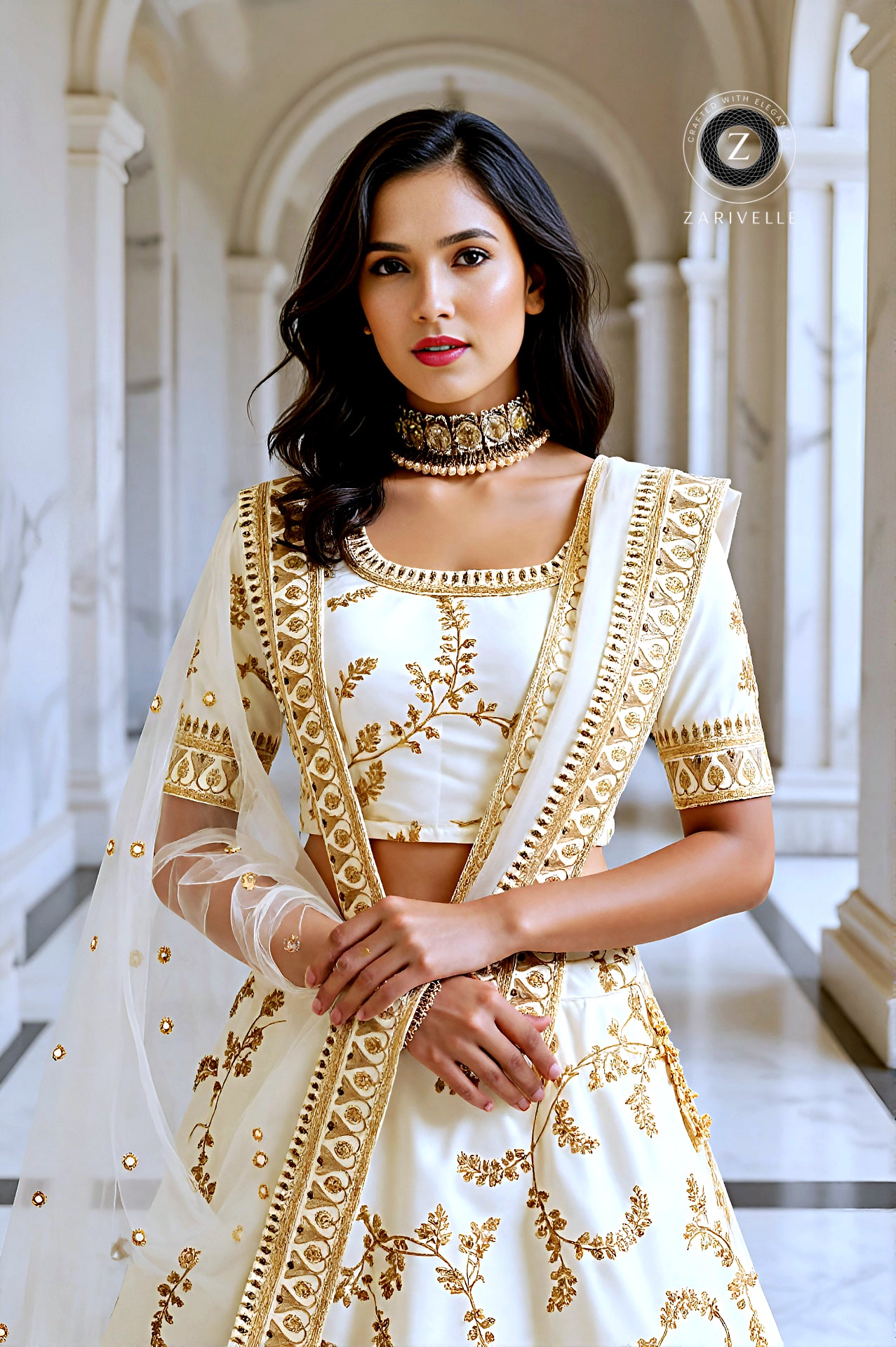 Off White Embroidered Premium Silk Lehenga (Front)