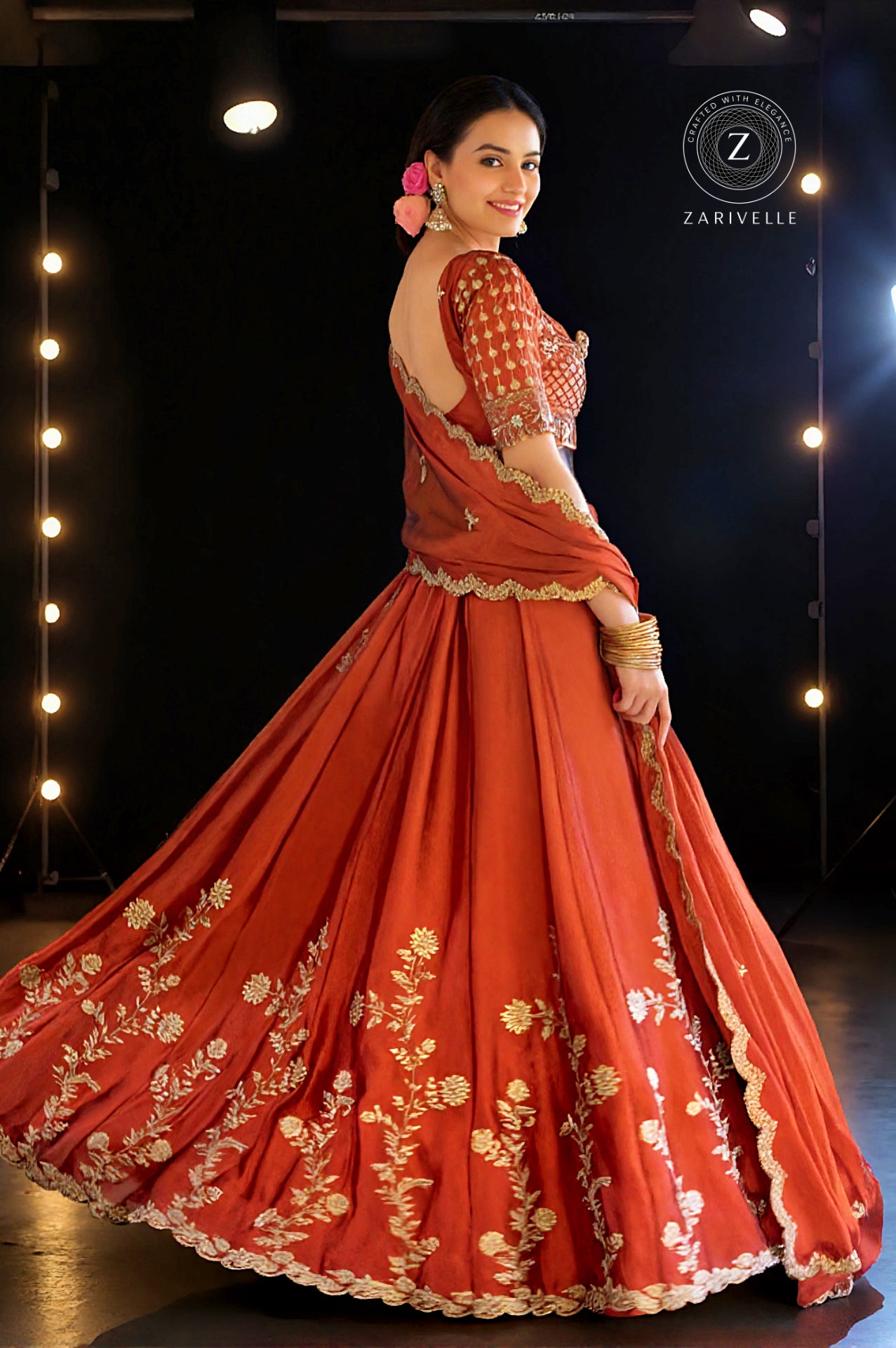 Orange Embroidered Silk Lehenga (Back)