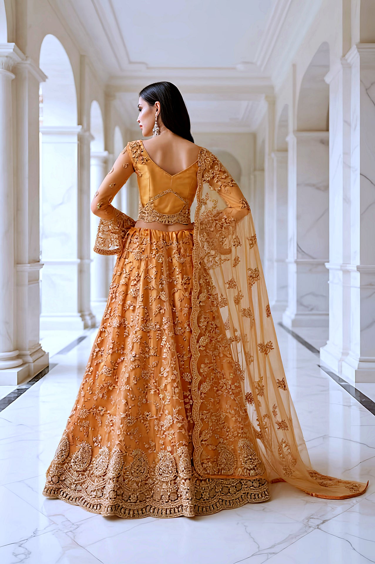 Orange Heavy Embroidered Net Lehenga (Back)