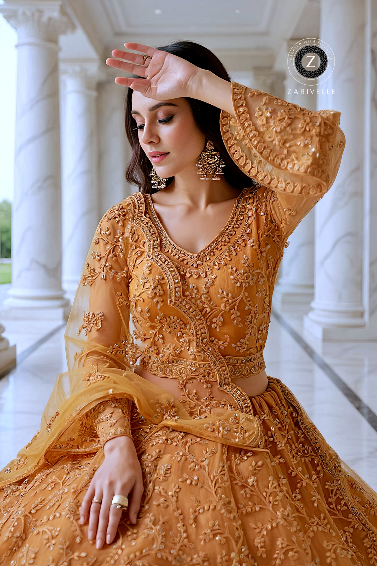 Orange Heavy Embroidered Net Lehenga (Close up)