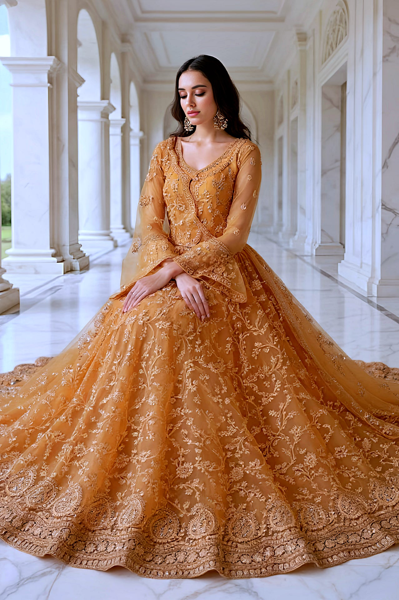 Orange Heavy Embroidered Net Lehenga (Front)