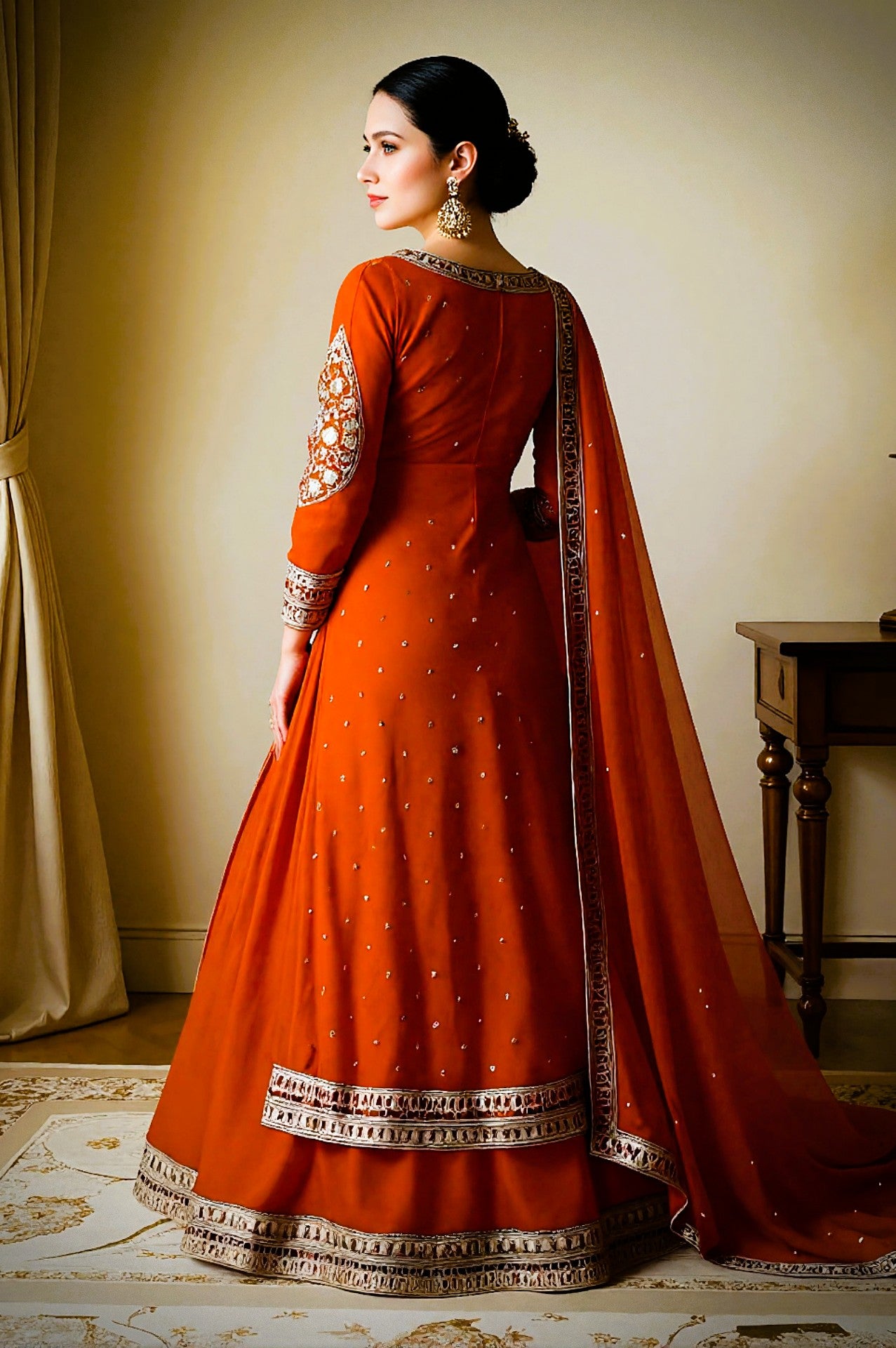 Orange Silk Embroidered Anarkali Suit (Back View)