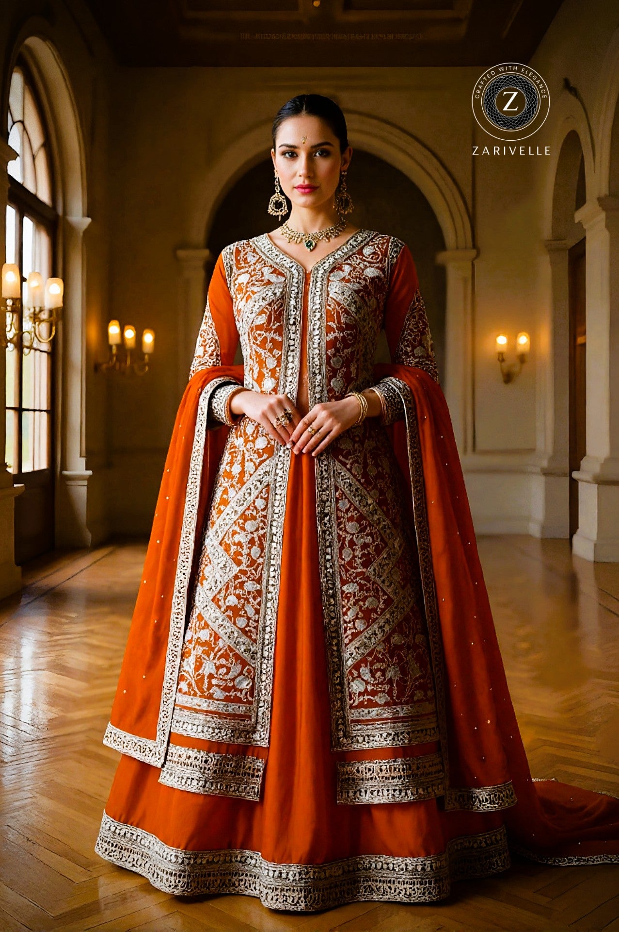 Orange Silk Embroidered Anarkali Suit (Front View)