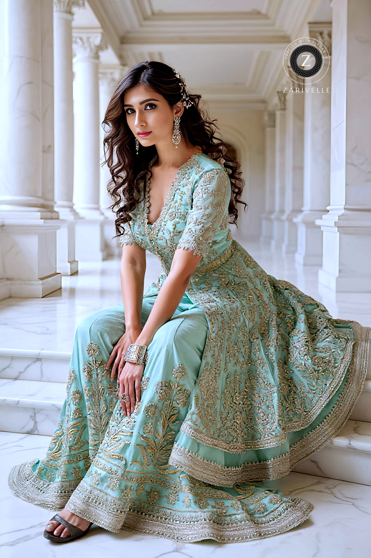Pastel Aqua Blue Embroidered Net Sharara Suit (Close up)