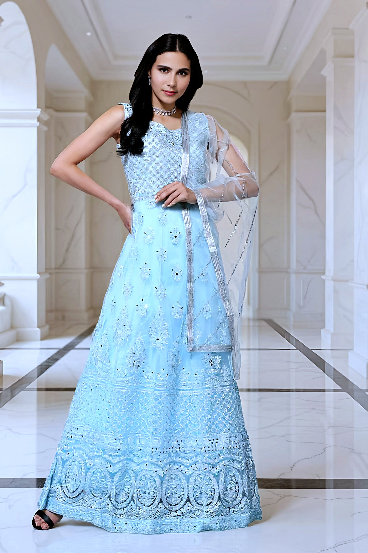 Pastel Blue Embroidered Premium Net Anarkali Suit (Front)