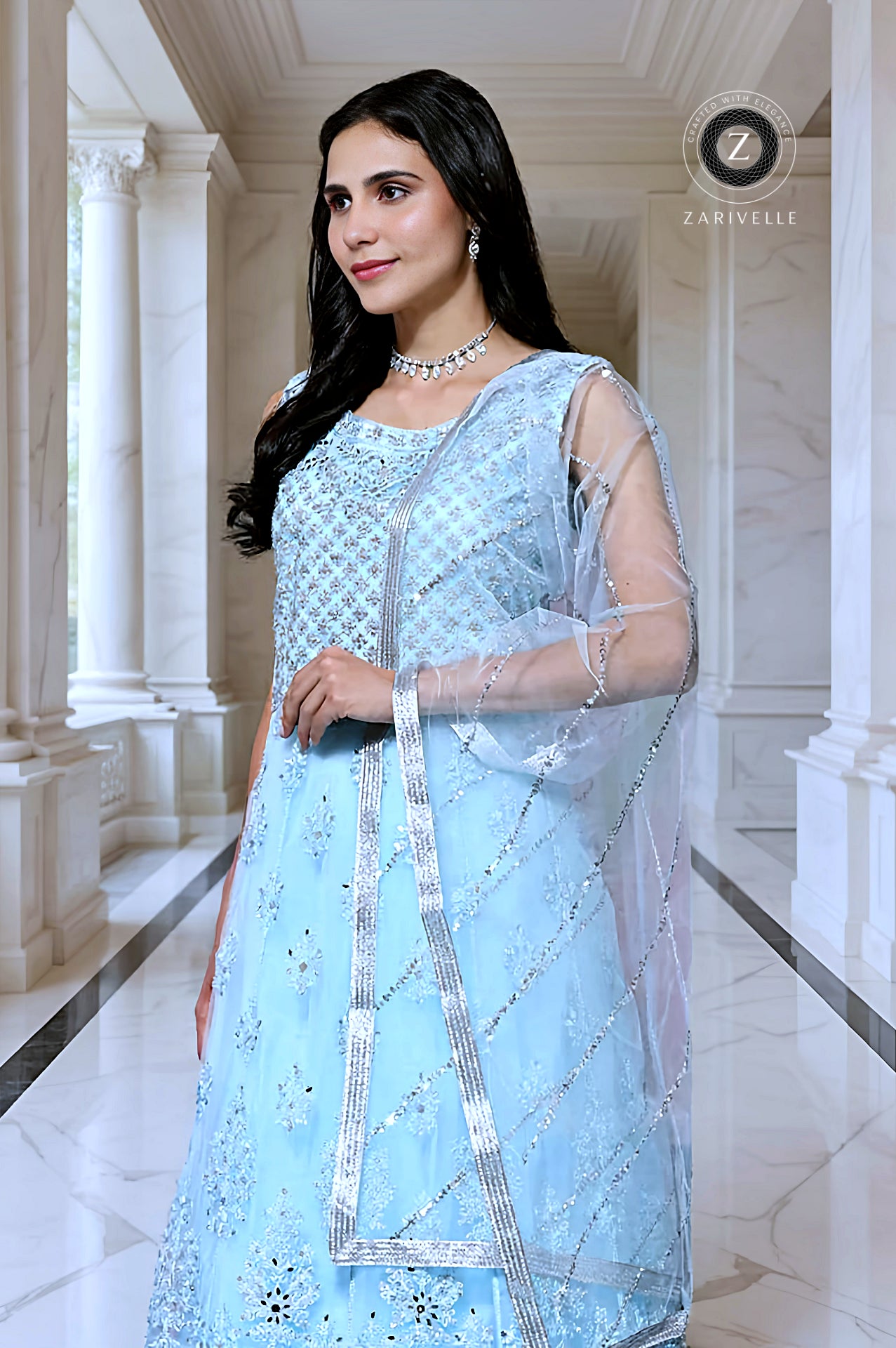 Pastel Blue Embroidered Premium Net Anarkali Suit (Side)