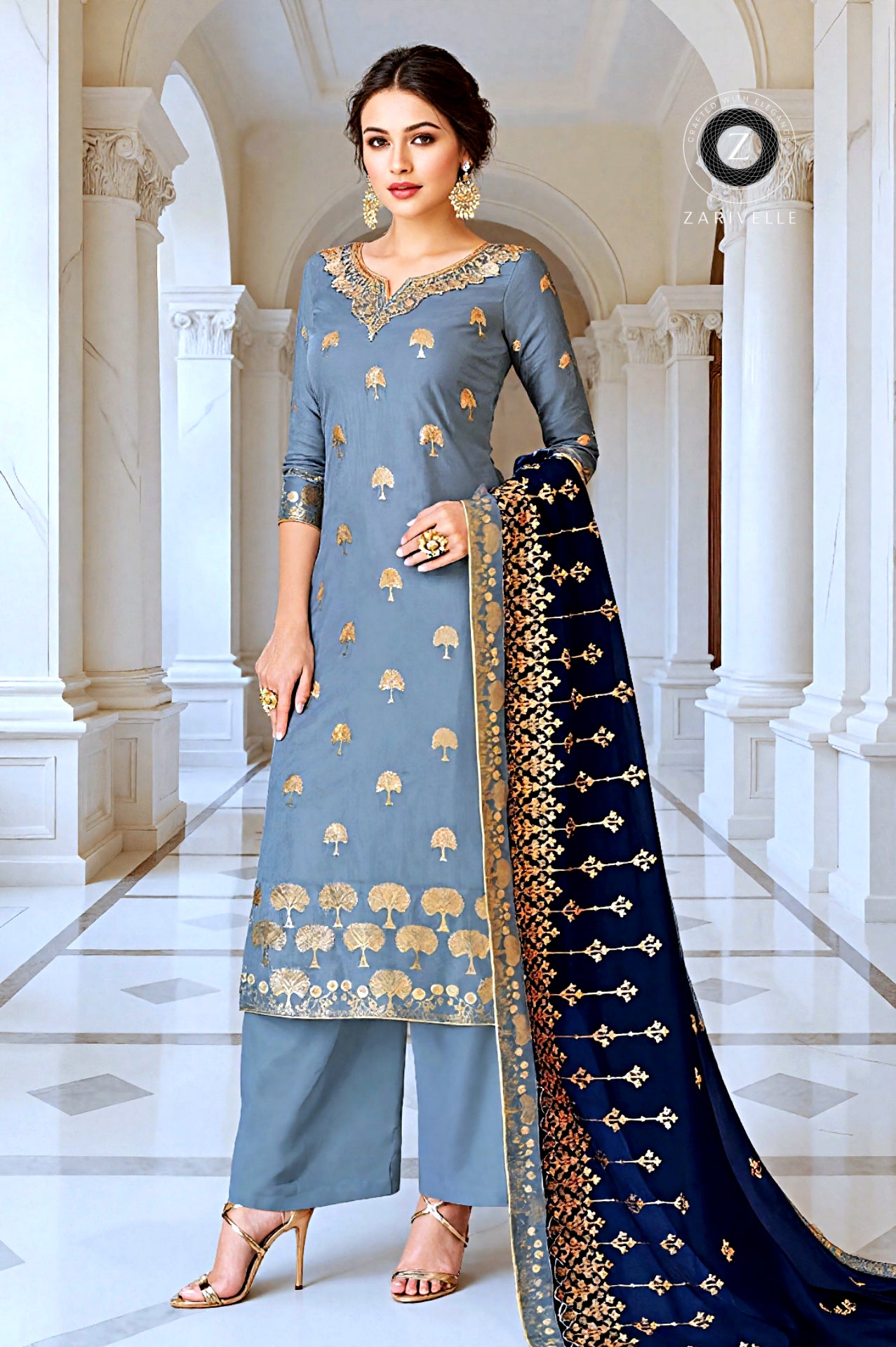 Pastel Blue Embroidered Silk Straight Suit (Front2)