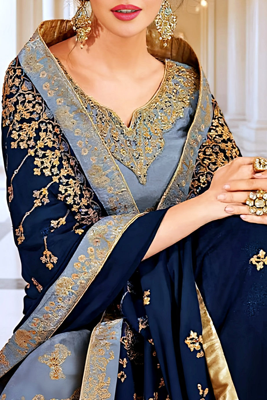 Pastel Blue Embroidered Silk Straight Suit (Sit2)