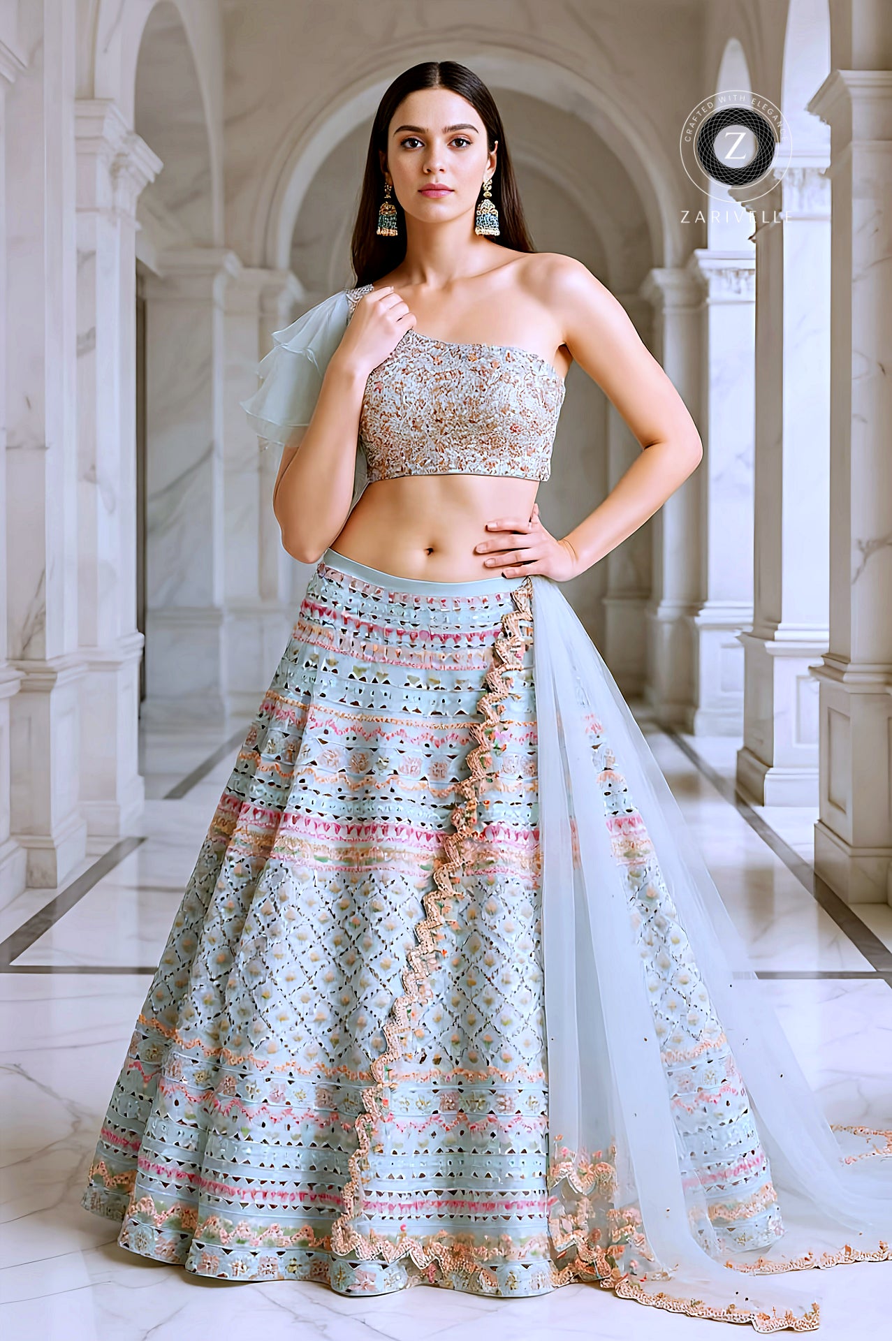 Pastel Green Embroidered Organza Lehenga (Front)