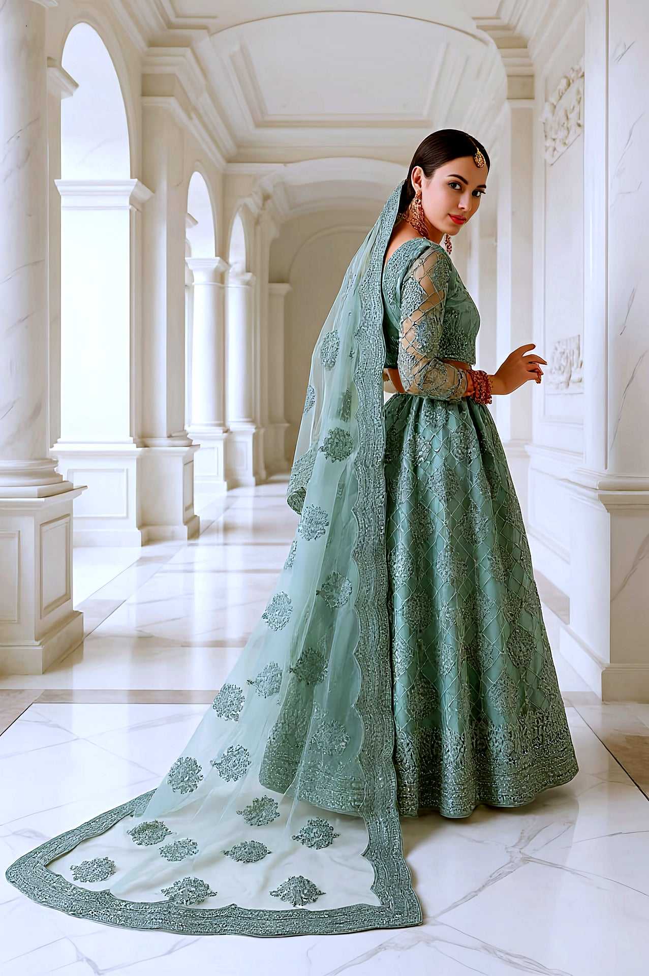 Pastel Green Embroidered Premium Net Lehenga (Back)