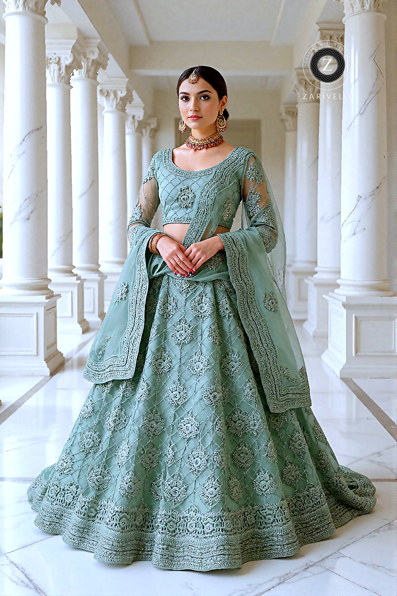 Pastel Green Embroidered Premium Net Lehenga (Front)