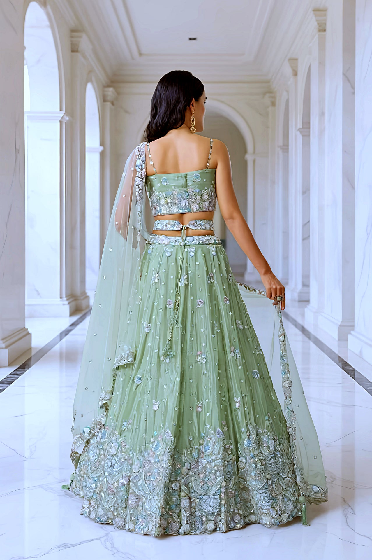 Pastel Green Embroidered Silk Lehenga (Back)