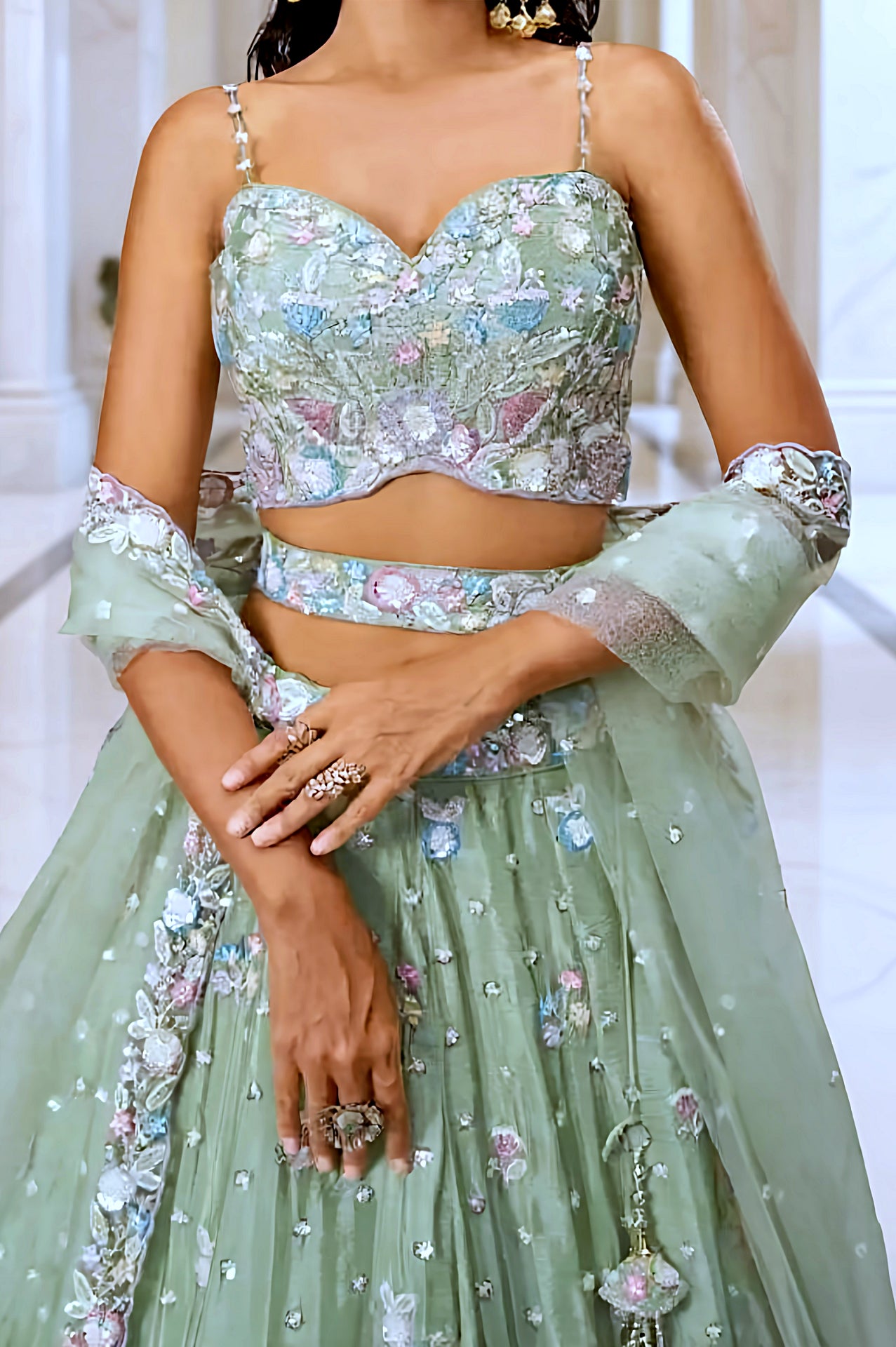 Pastel Green Embroidered Silk Lehenga (Close up)