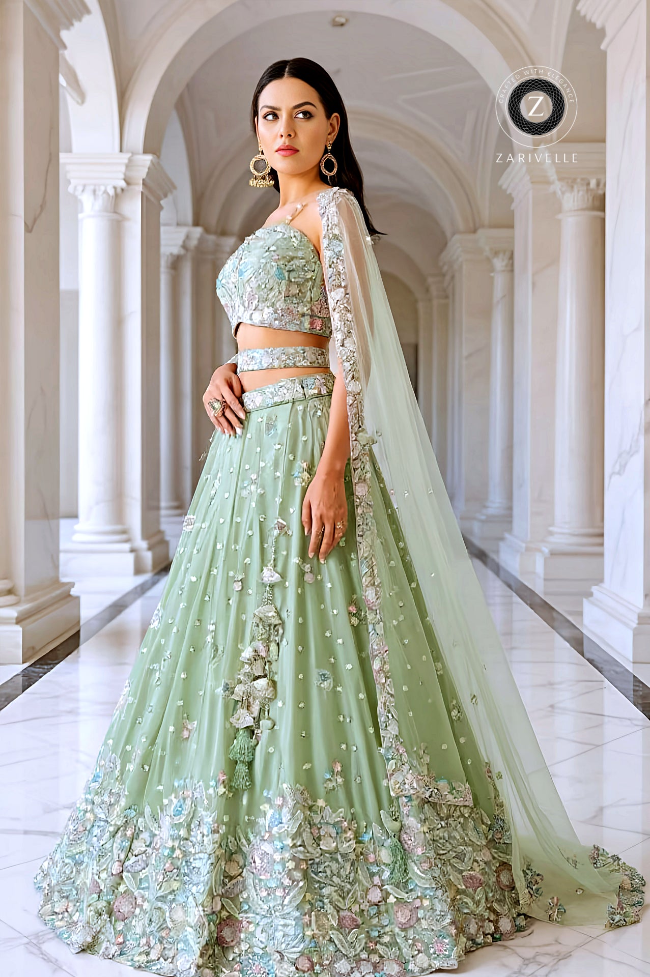 Pastel Green Embroidered Silk Lehenga (Side)