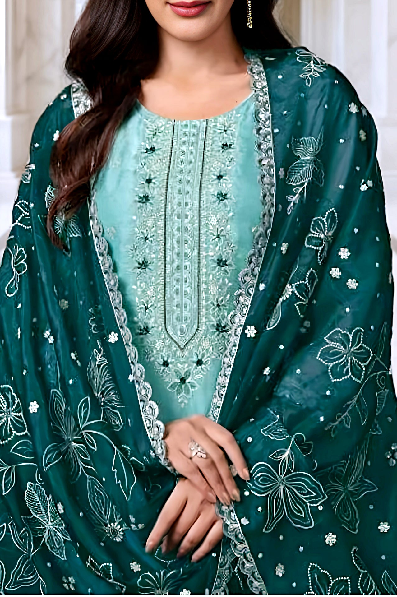Pastel Green Embroidered Velvet Straight Suit (Close up)