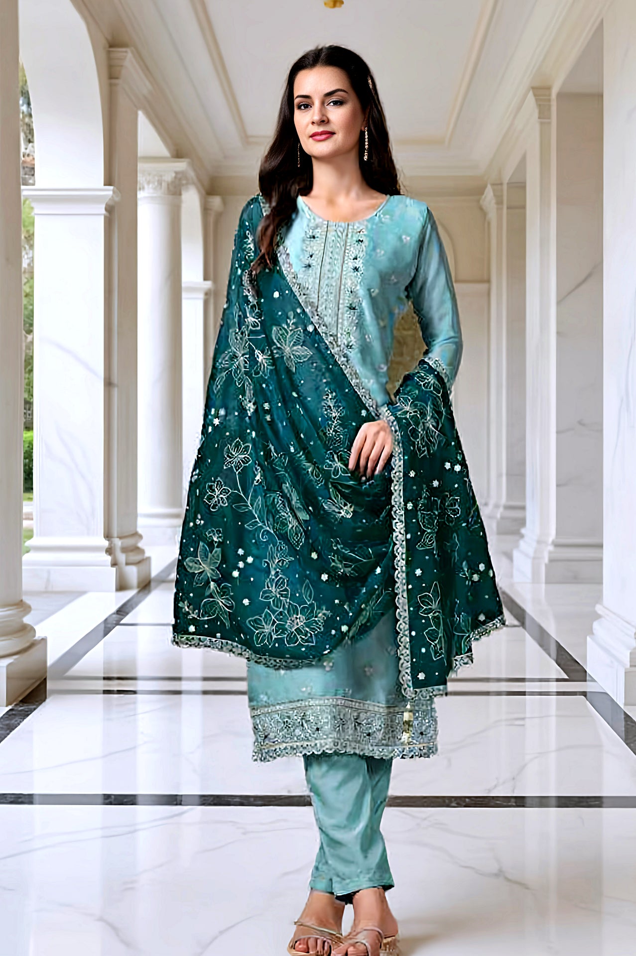Pastel Green Embroidered Velvet Straight Suit (Front)
