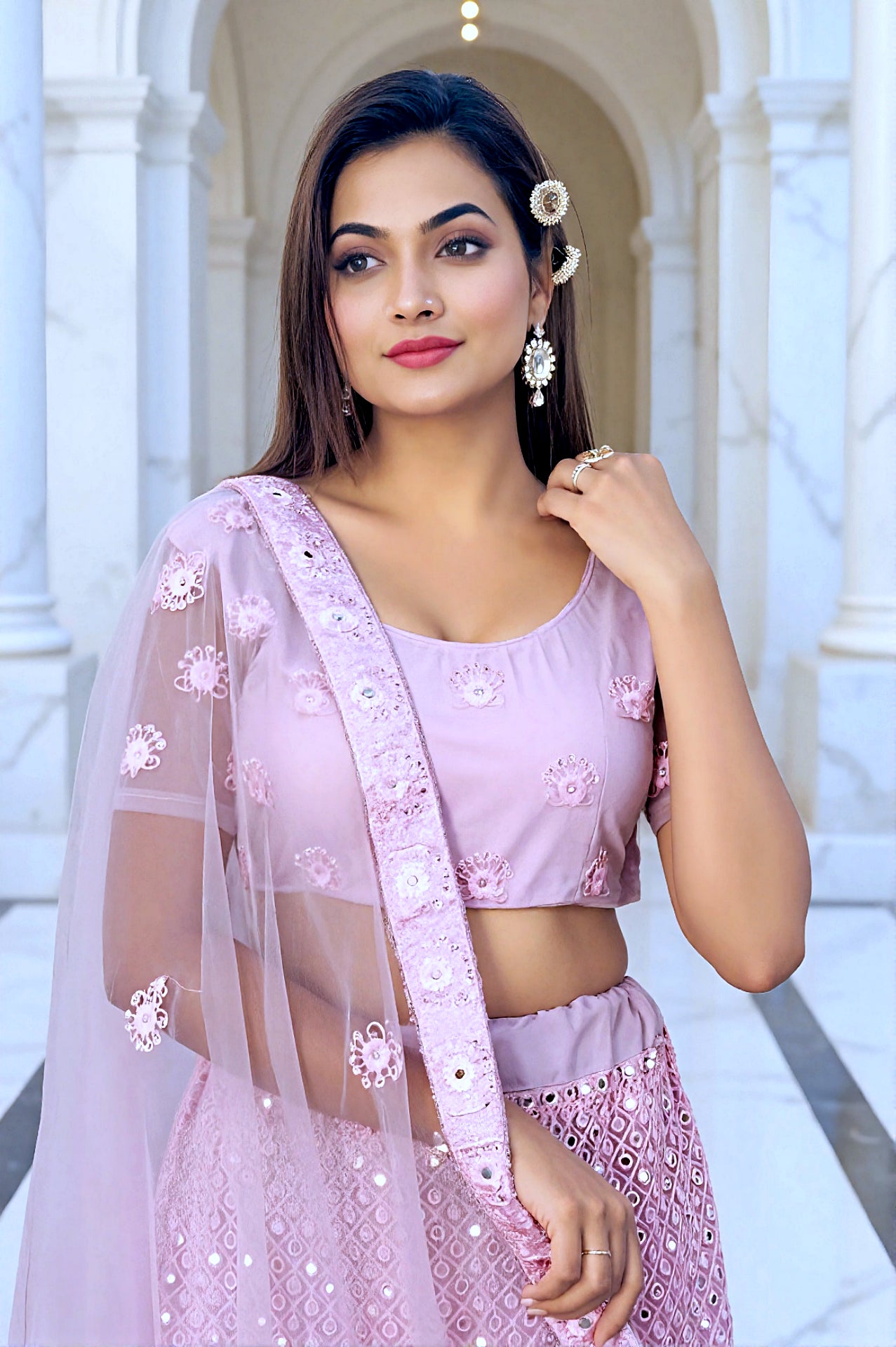 Pastel Pink Embroidered Net Lehenga (Close up)