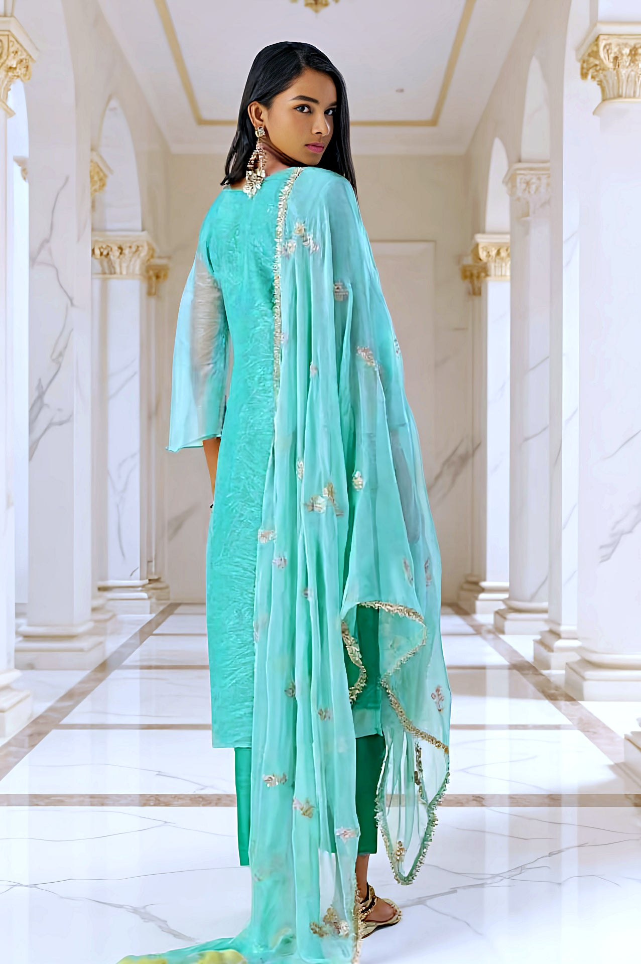 Pastel Sky blue Embroidered Silk Straight Suit (Back)