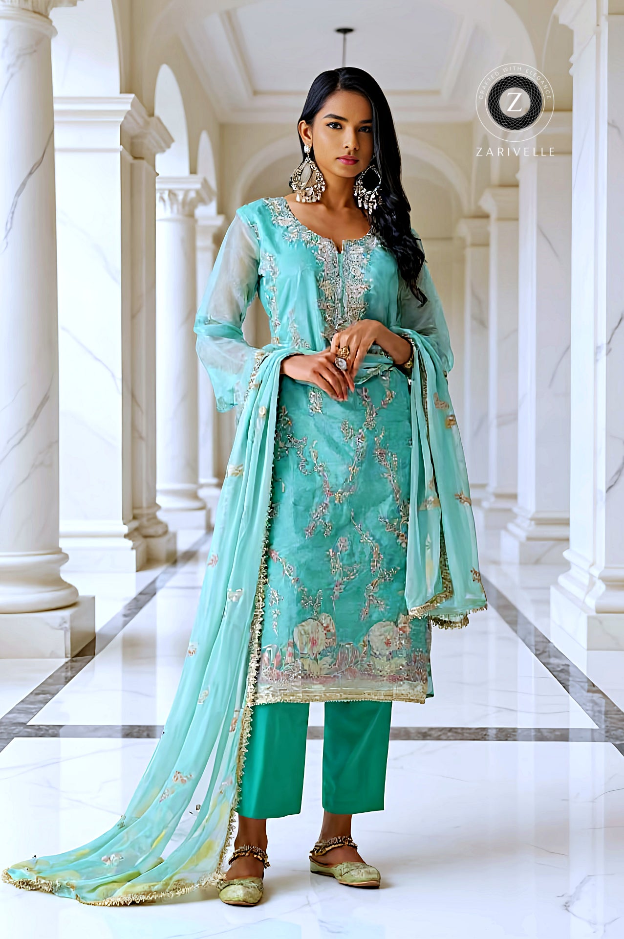 Pastel Sky blue Embroidered Silk Straight Suit (Front)
