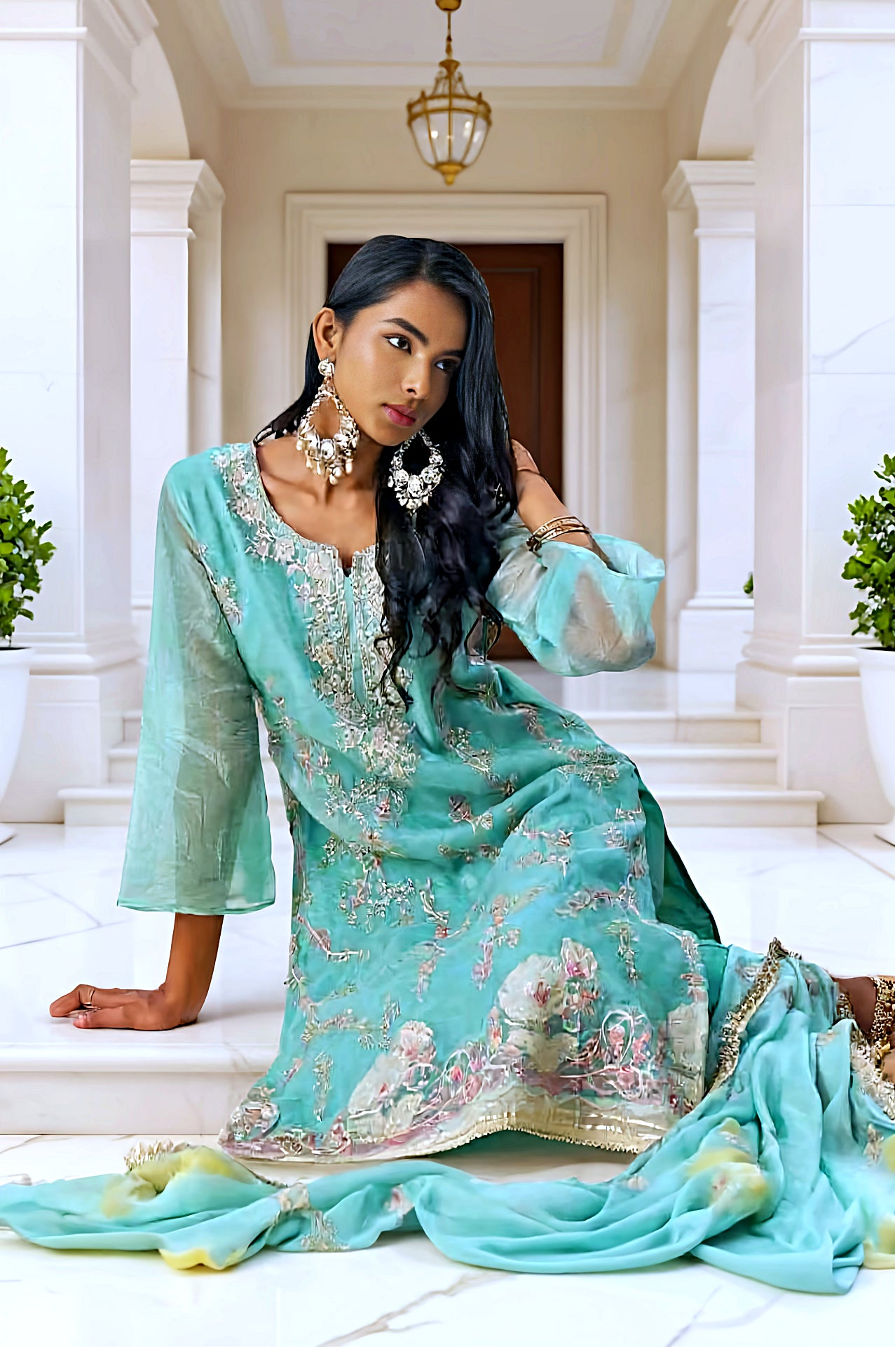 Pastel Sky blue Embroidered Silk Straight Suit (Sit)