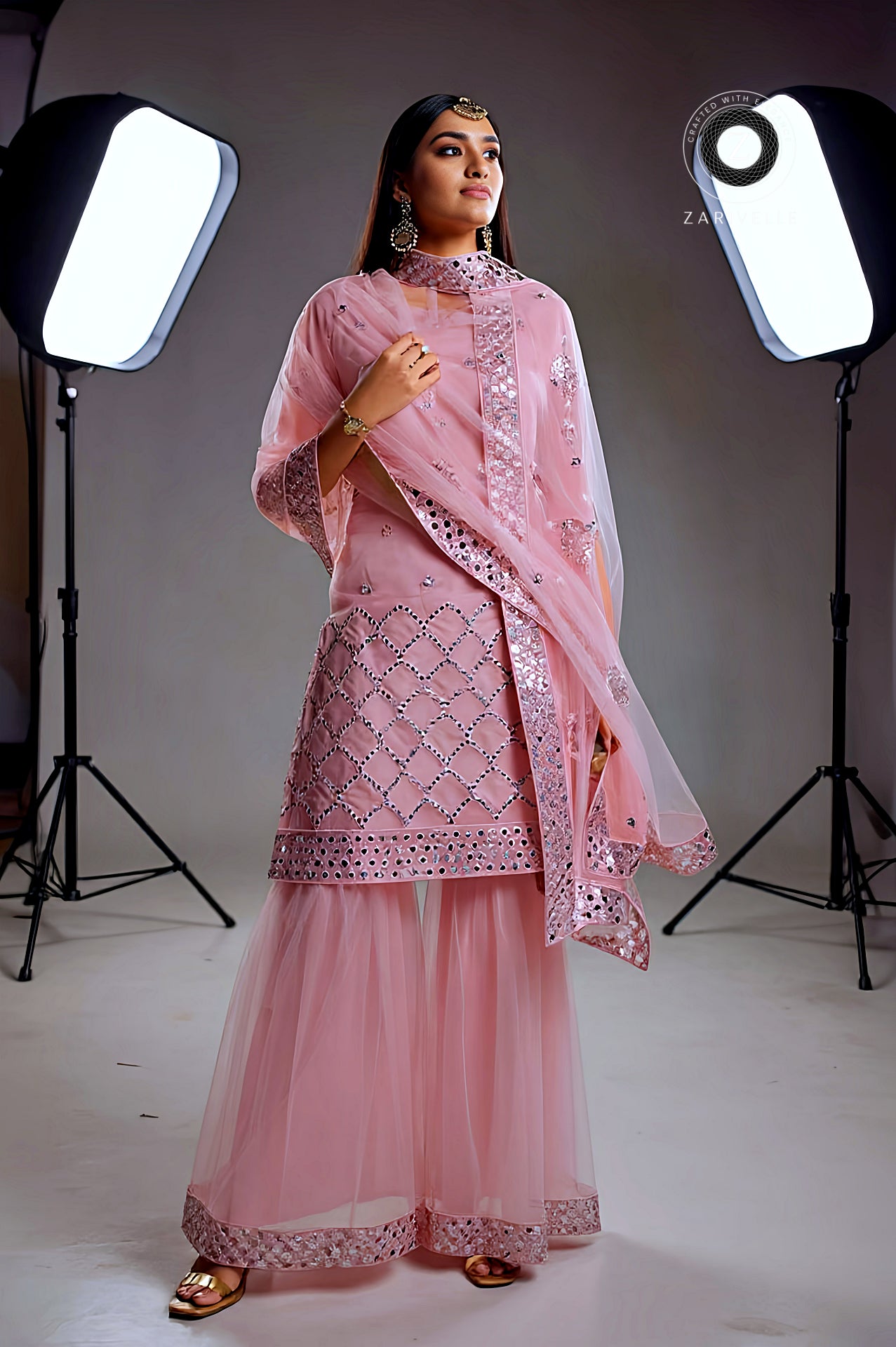 Pink Embroidered Organza Sharara Suit (Front)