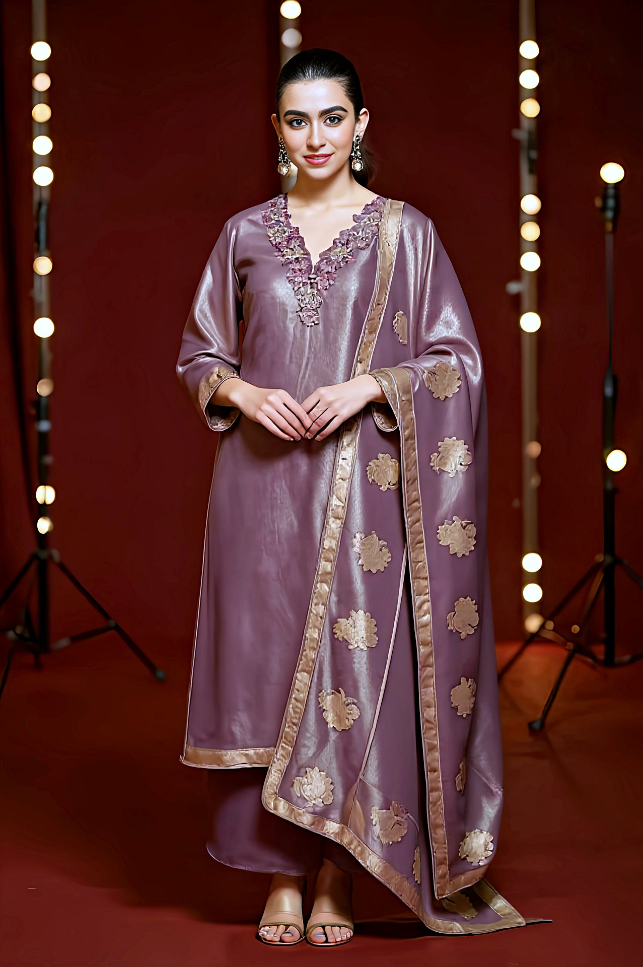 Pink Embroidered Premium Silk Straight Suit (Front)