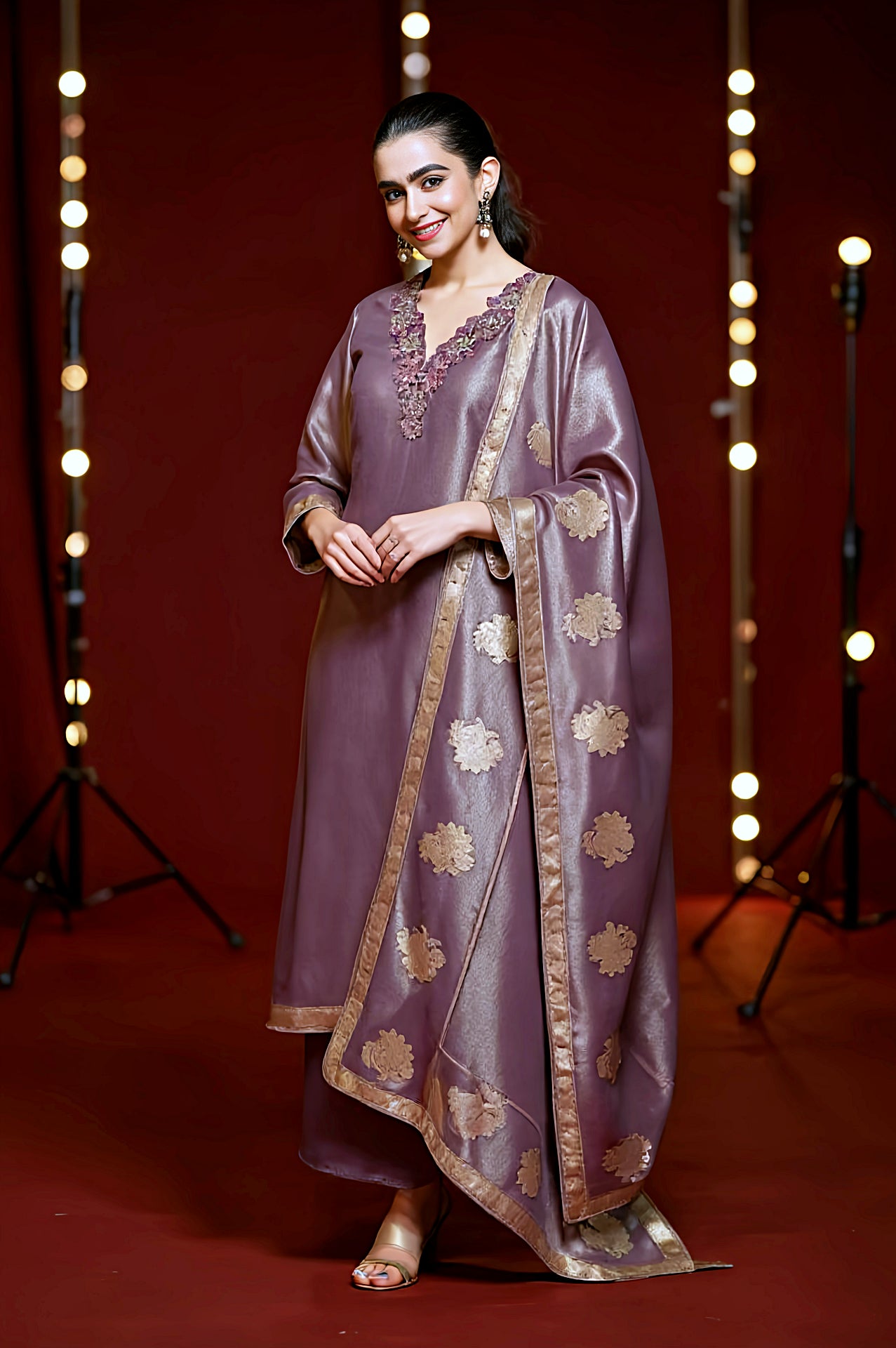 Pink Embroidered Premium Silk Straight Suit (Side)