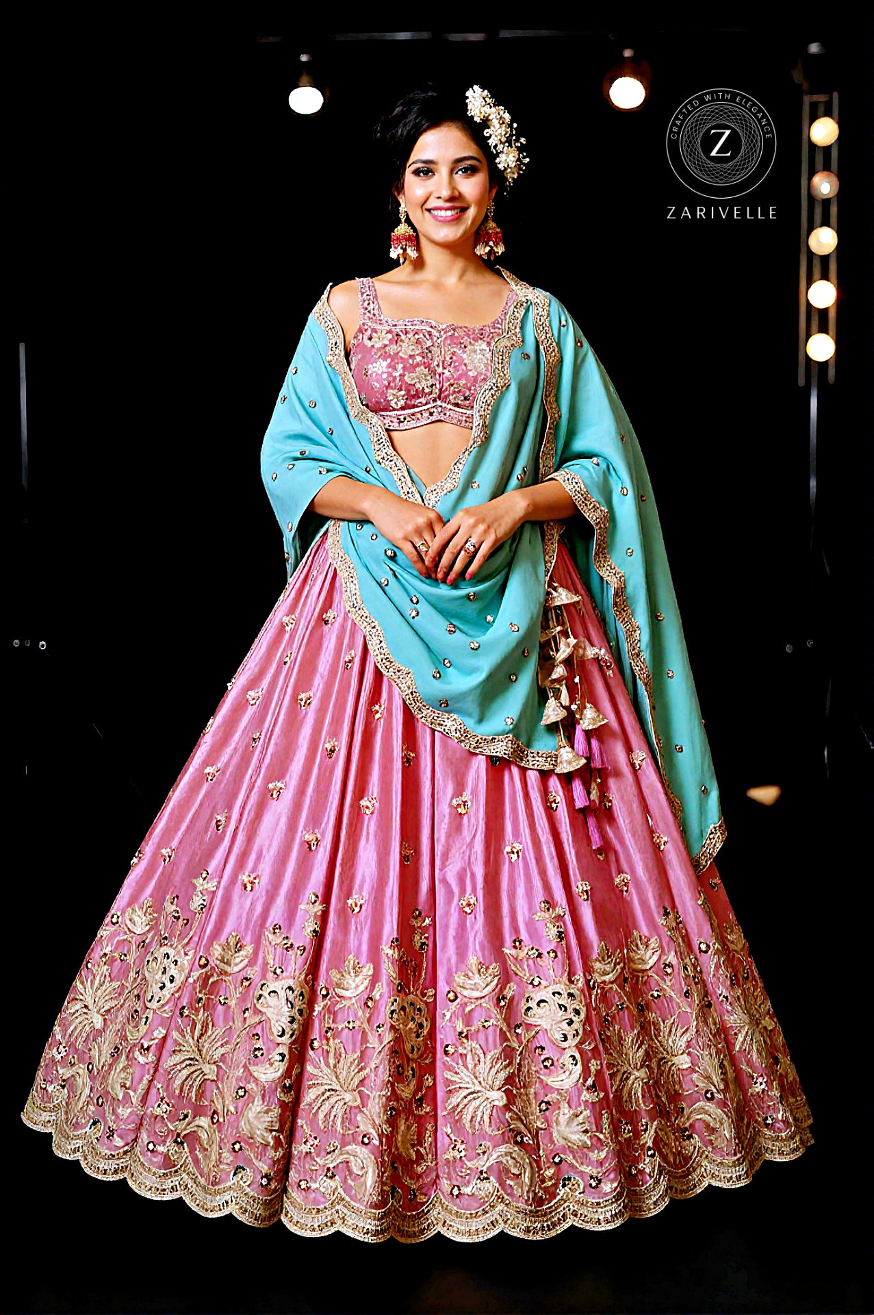 Pink Embroidered Silk Lehenga (Front)