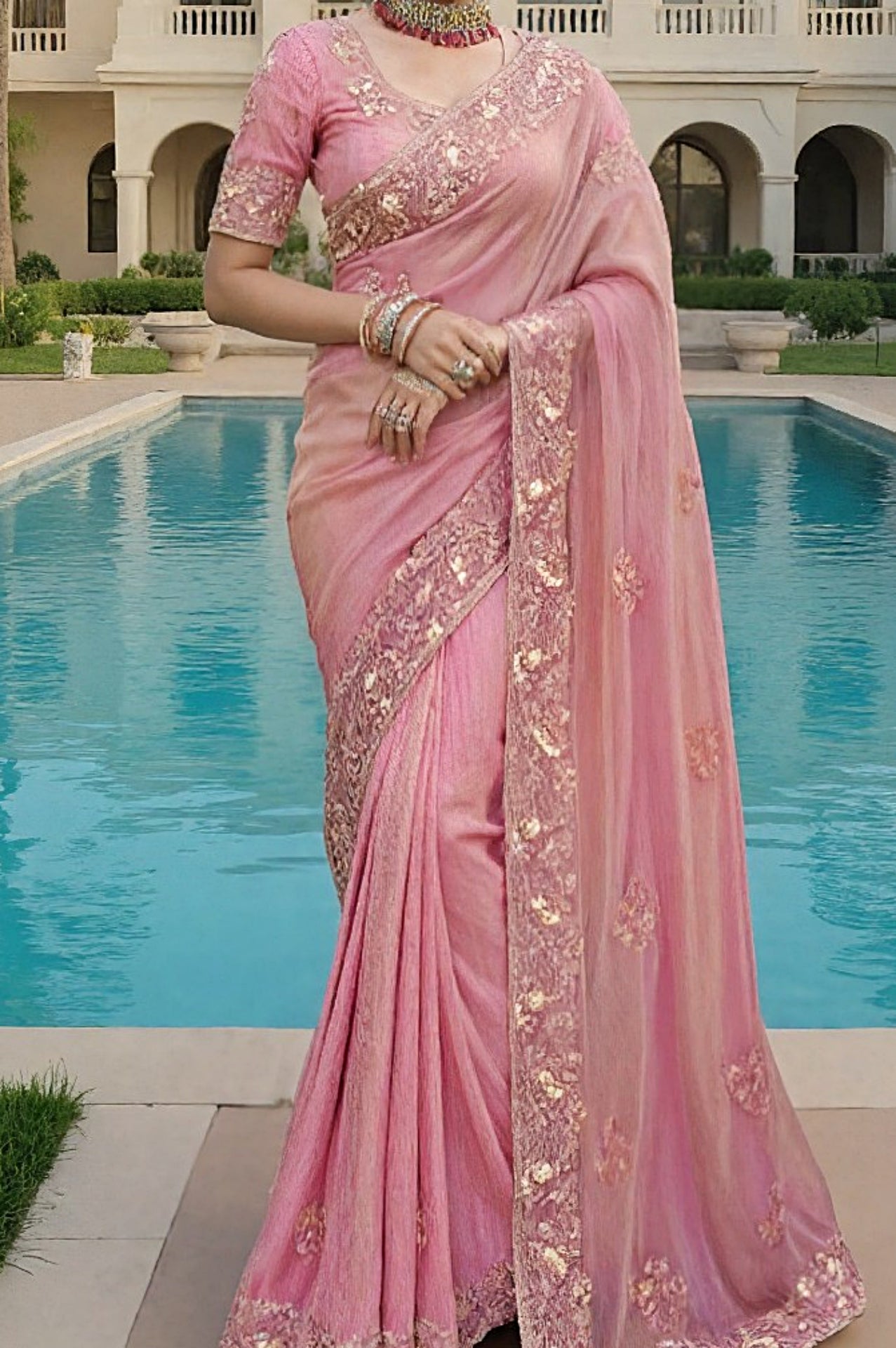 Pink Embroidered Silk Saree (Close up)