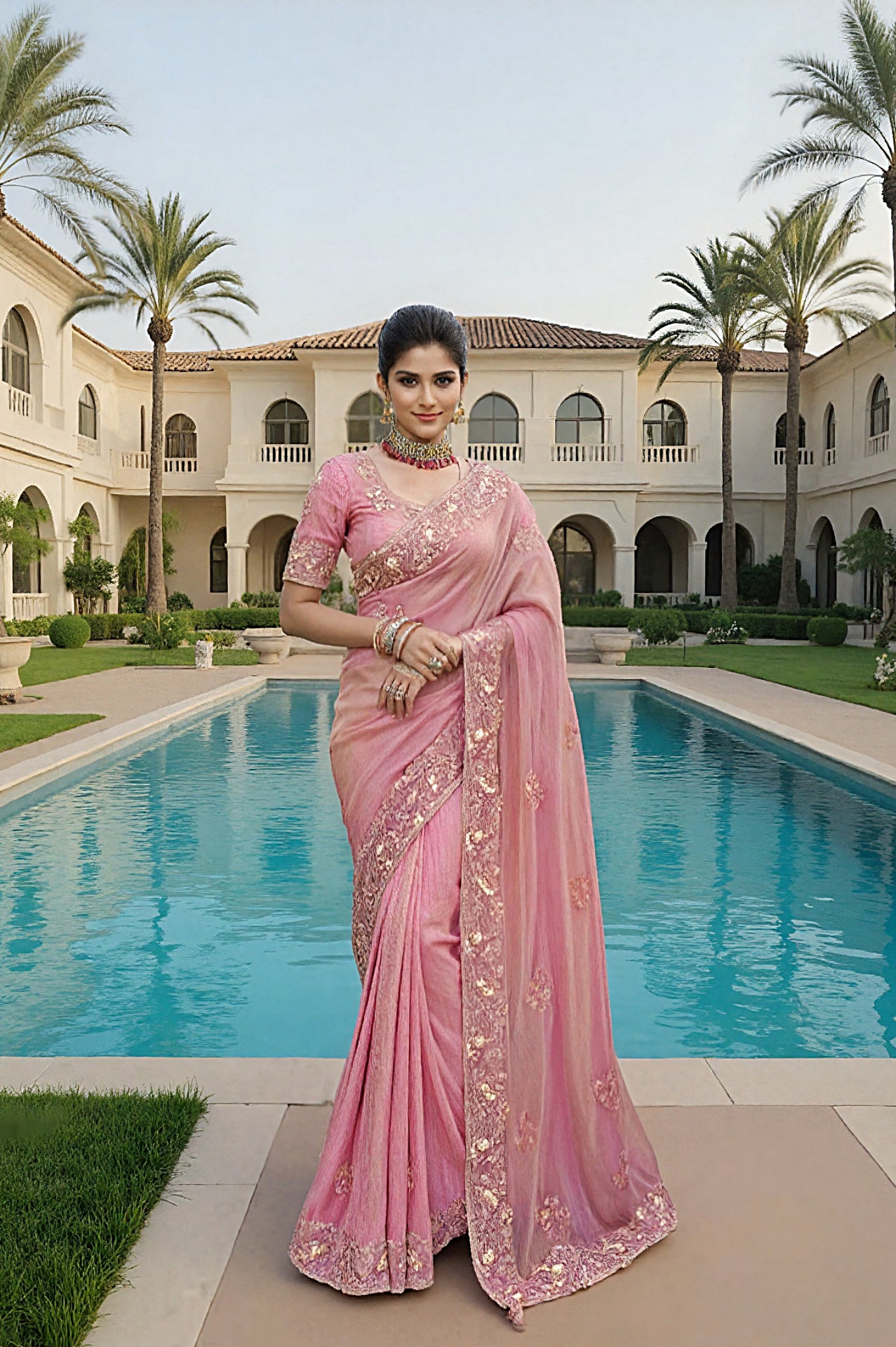 Pink Embroidered Silk Saree (Front)